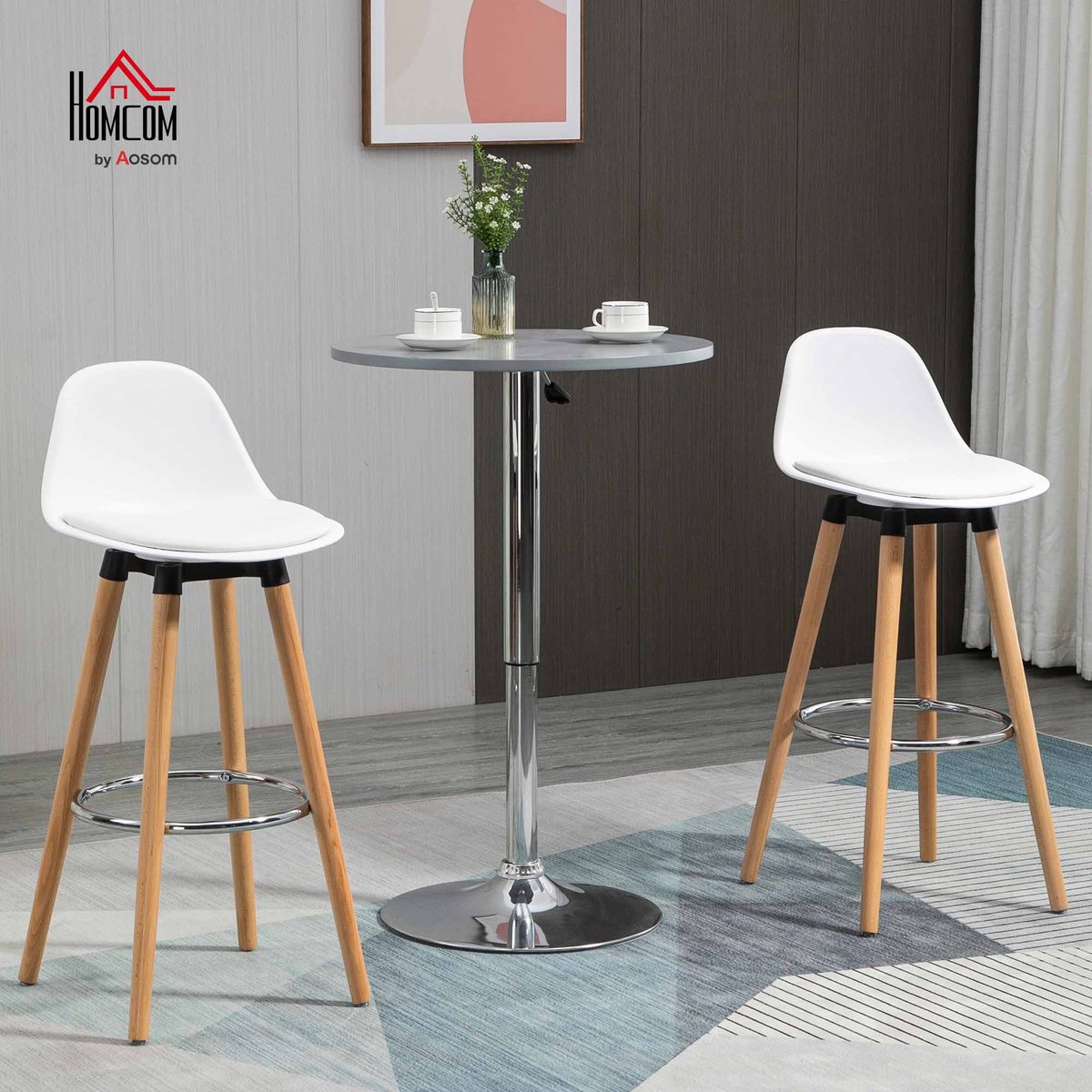 Tabouret de bar PU Blanc blanc, bois clair, HOMCOM