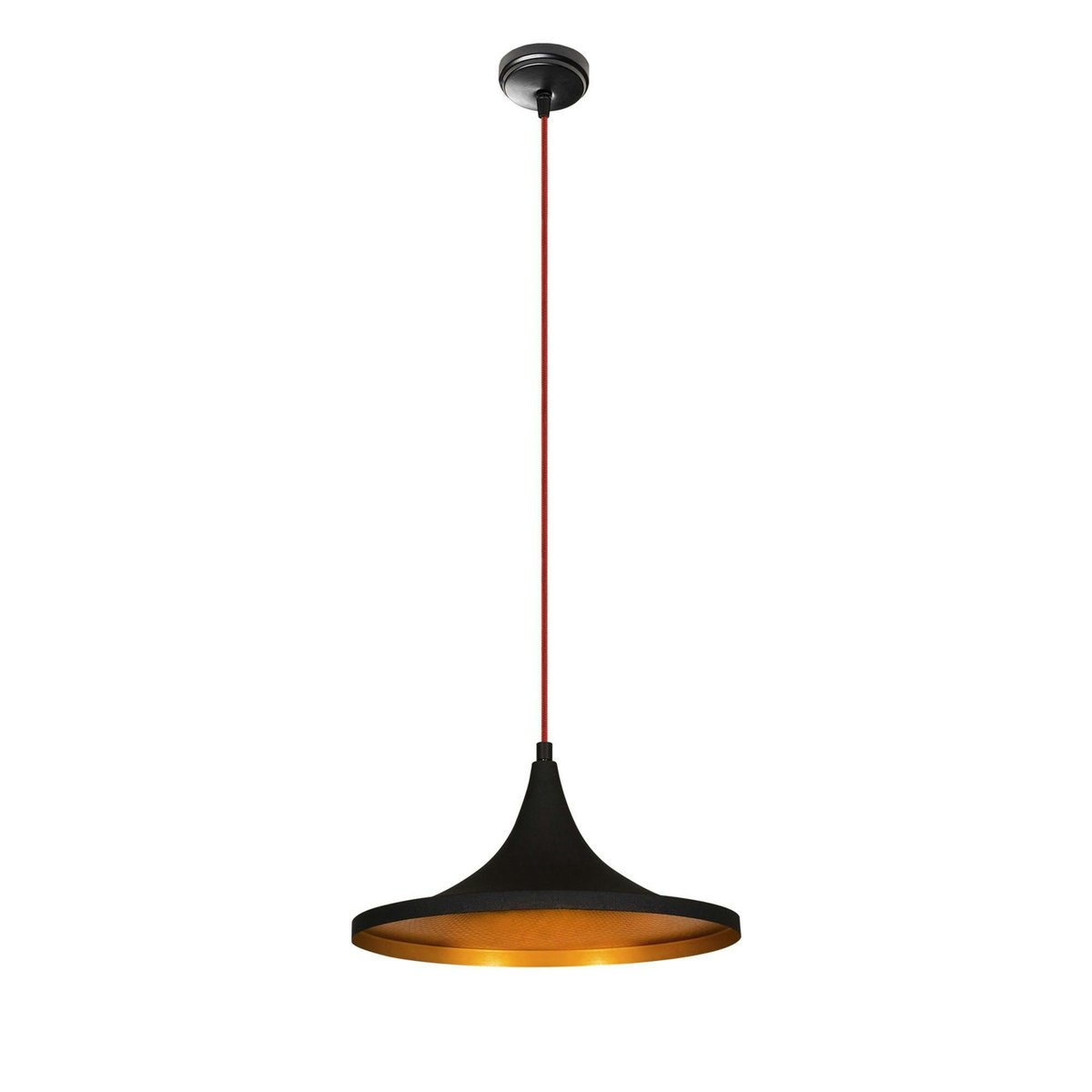 Suspension moderne noire mate câble rouge, forme évasée SILE noir, PIER IMPORT