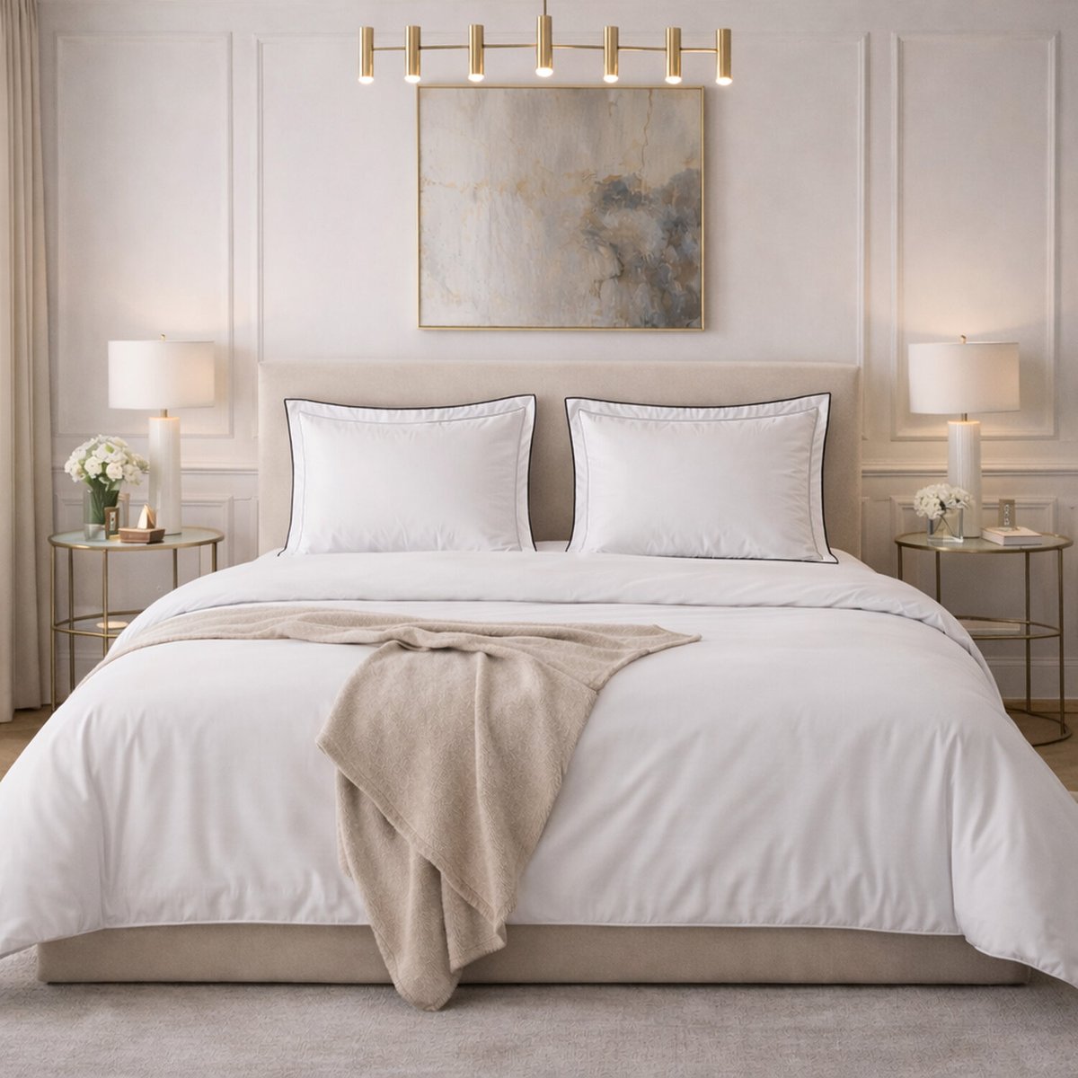 Parure housse de couette en satin de coton unie beige, TALIE blanc, C DESIGN HOME TEXTILE