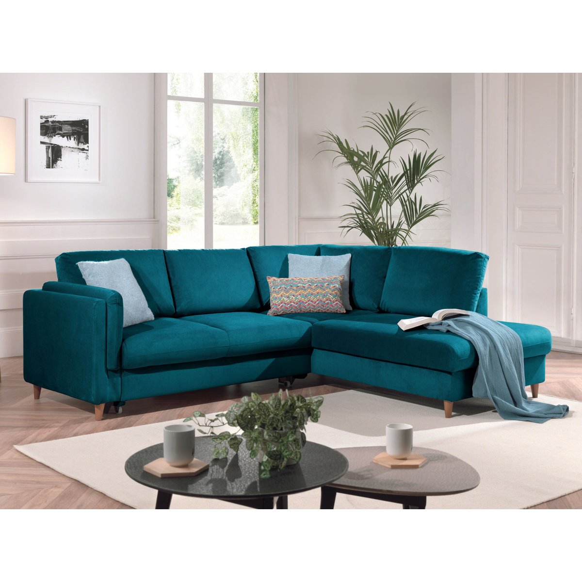 Canapé d'Angle Convertible 5 places - BROOKE bleu canard, BEST MOBILIER