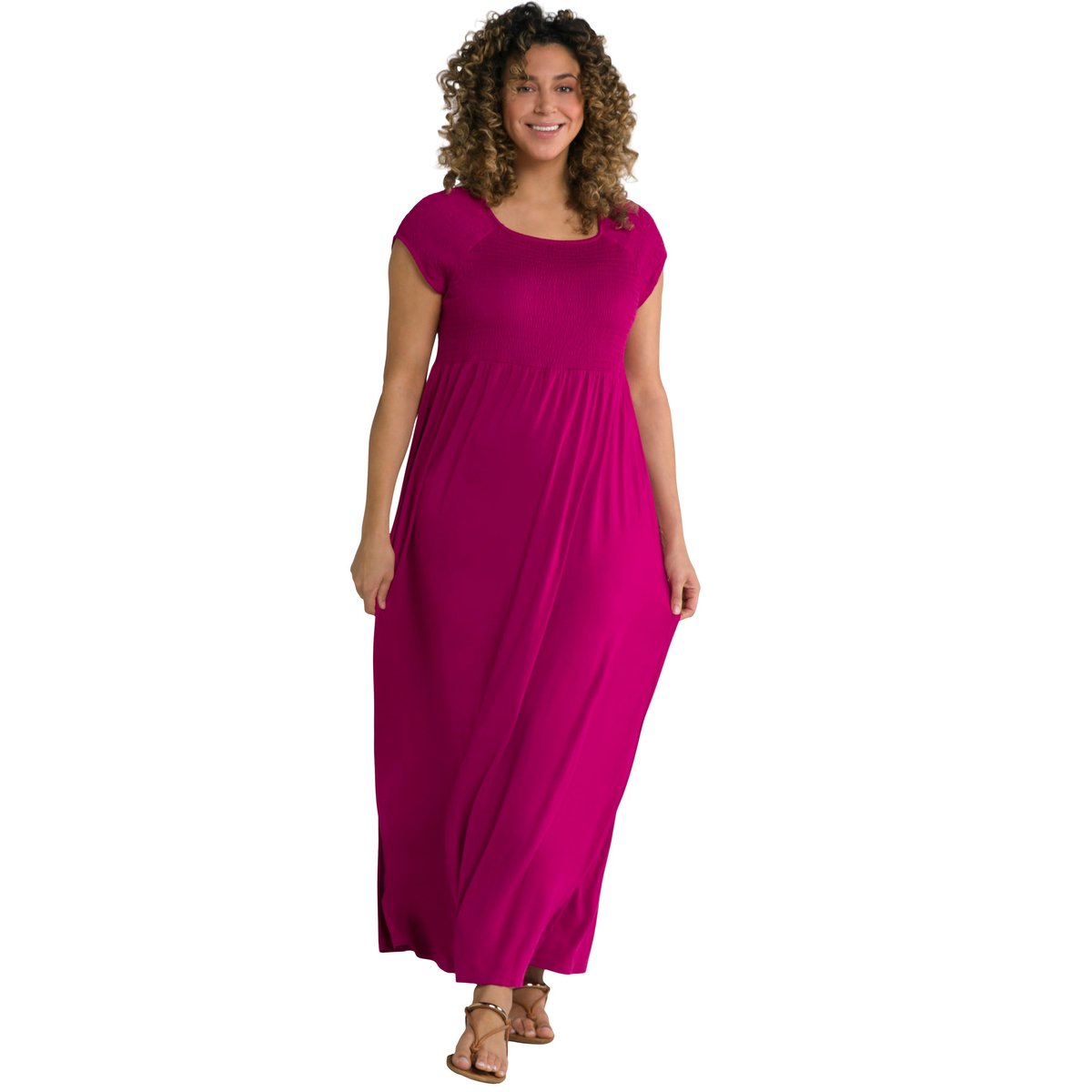 Robe smockée, coupe évasée. Encolure carrée rouge magnolia, ULLA POPKEN