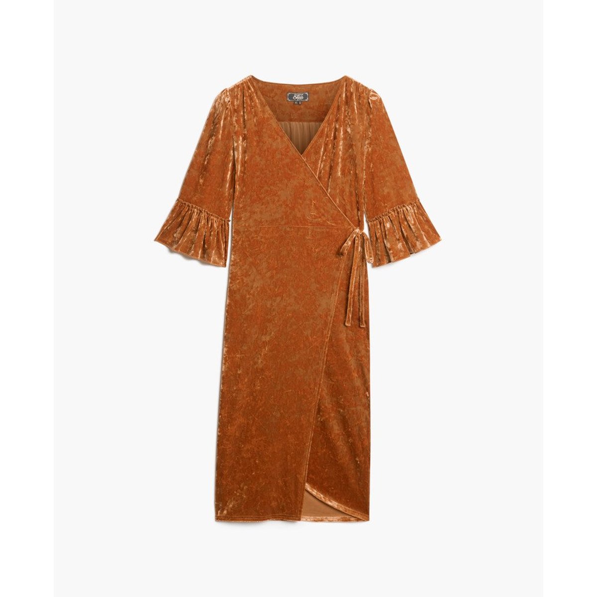 Robe portefeuille mi-longue en velours à manches courtes marron tabac, SUPERDRY