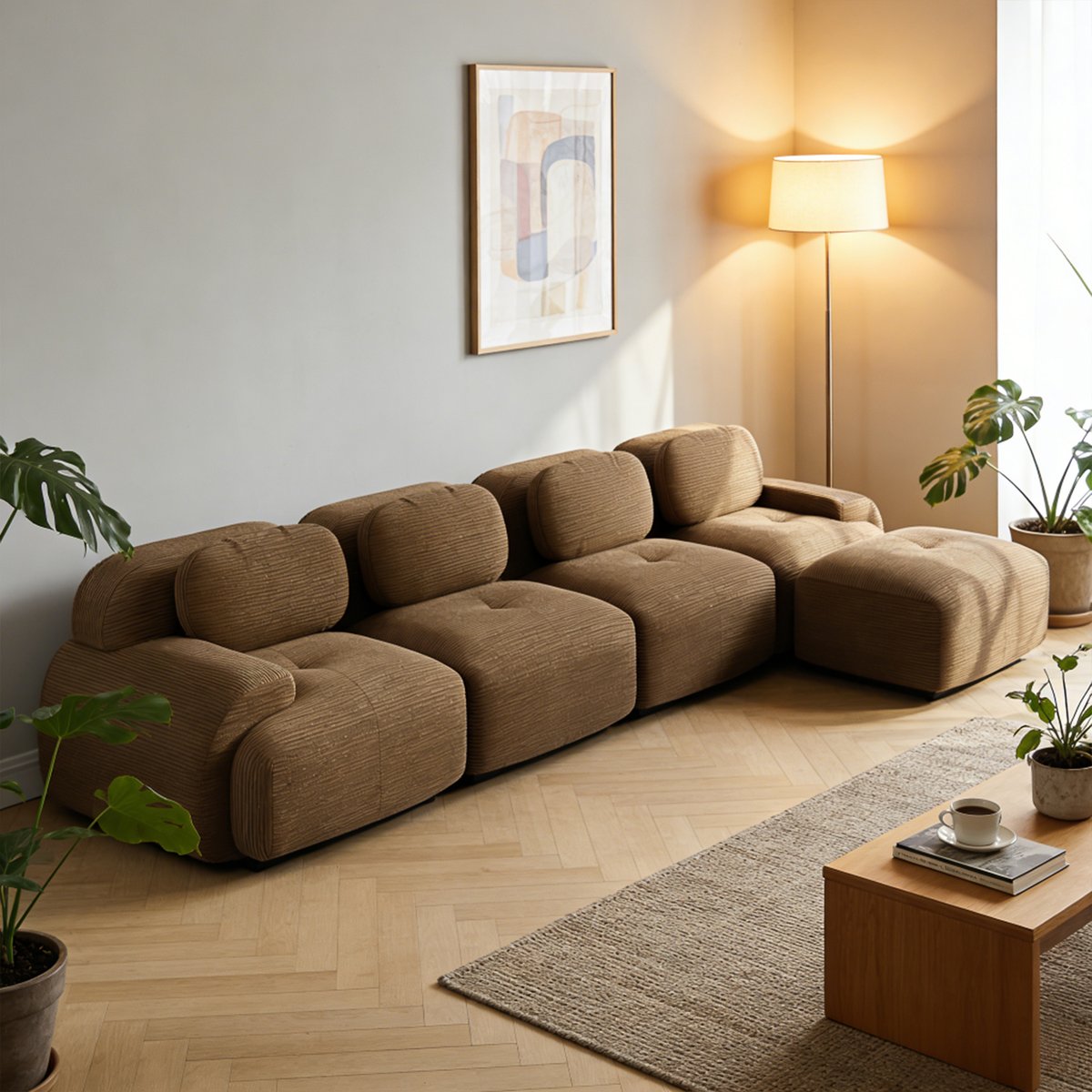 Canapé droit 4 places avec pouf en velours côtelé design moderne, SNOW marron, MEUBLES COSY