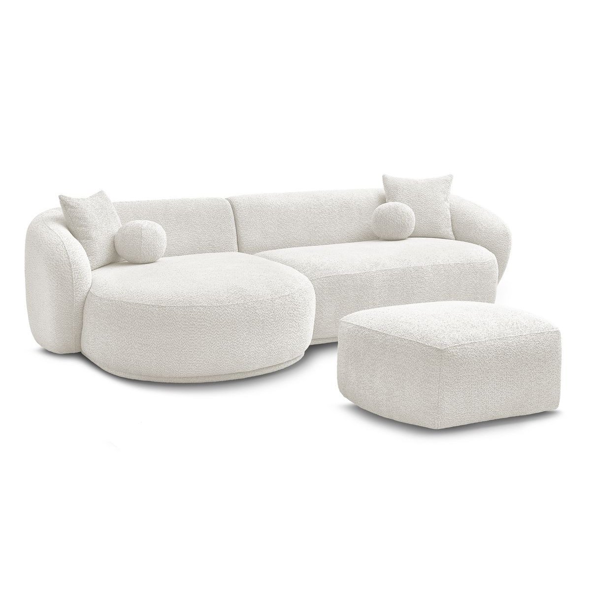 Canapé d'angle fixe 4 places en tissu bouclette avec pouf, ASHLEY blanc, BOBOCHIC