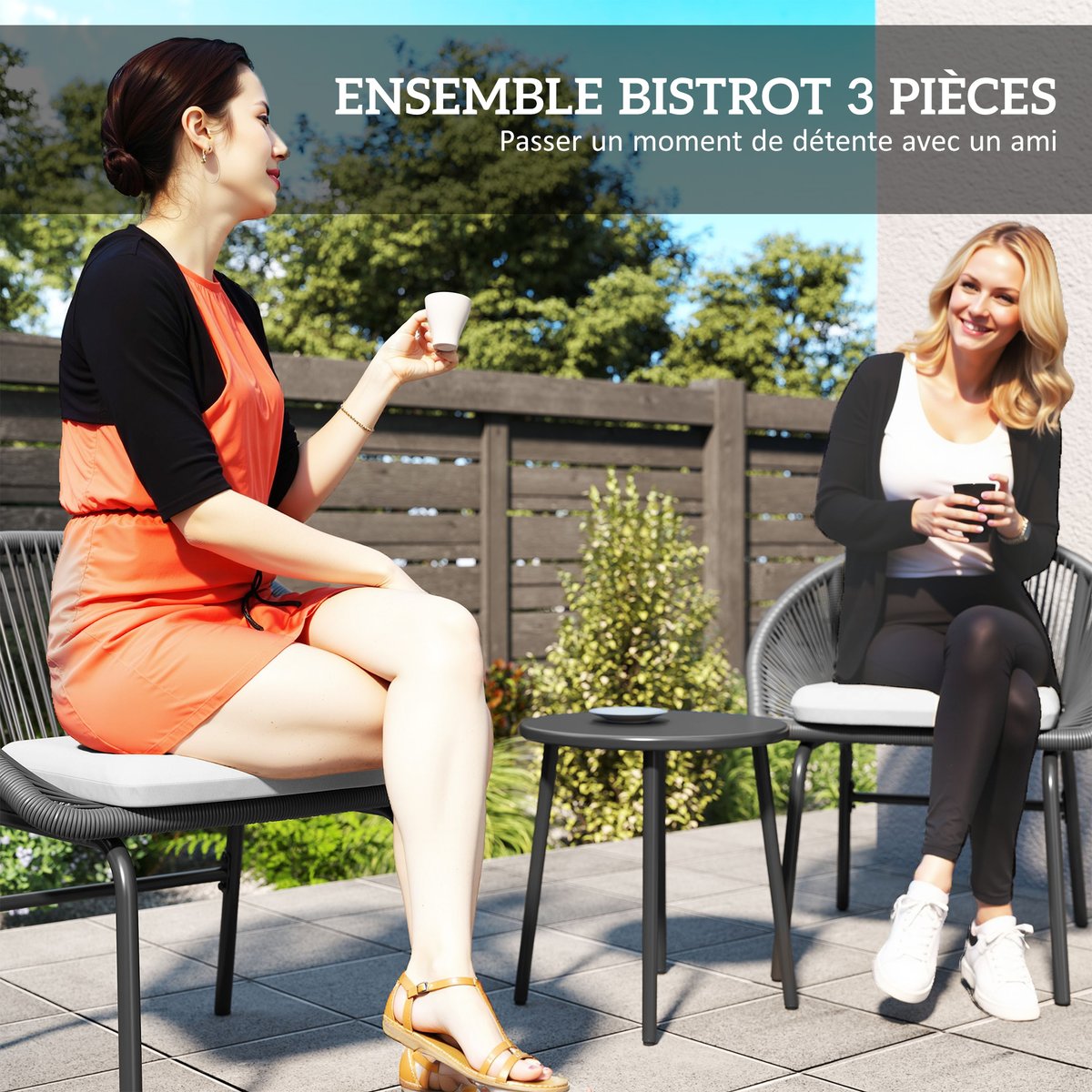 Ensemble de bistro en rotin Résine tressée noir, OUTSUNNY