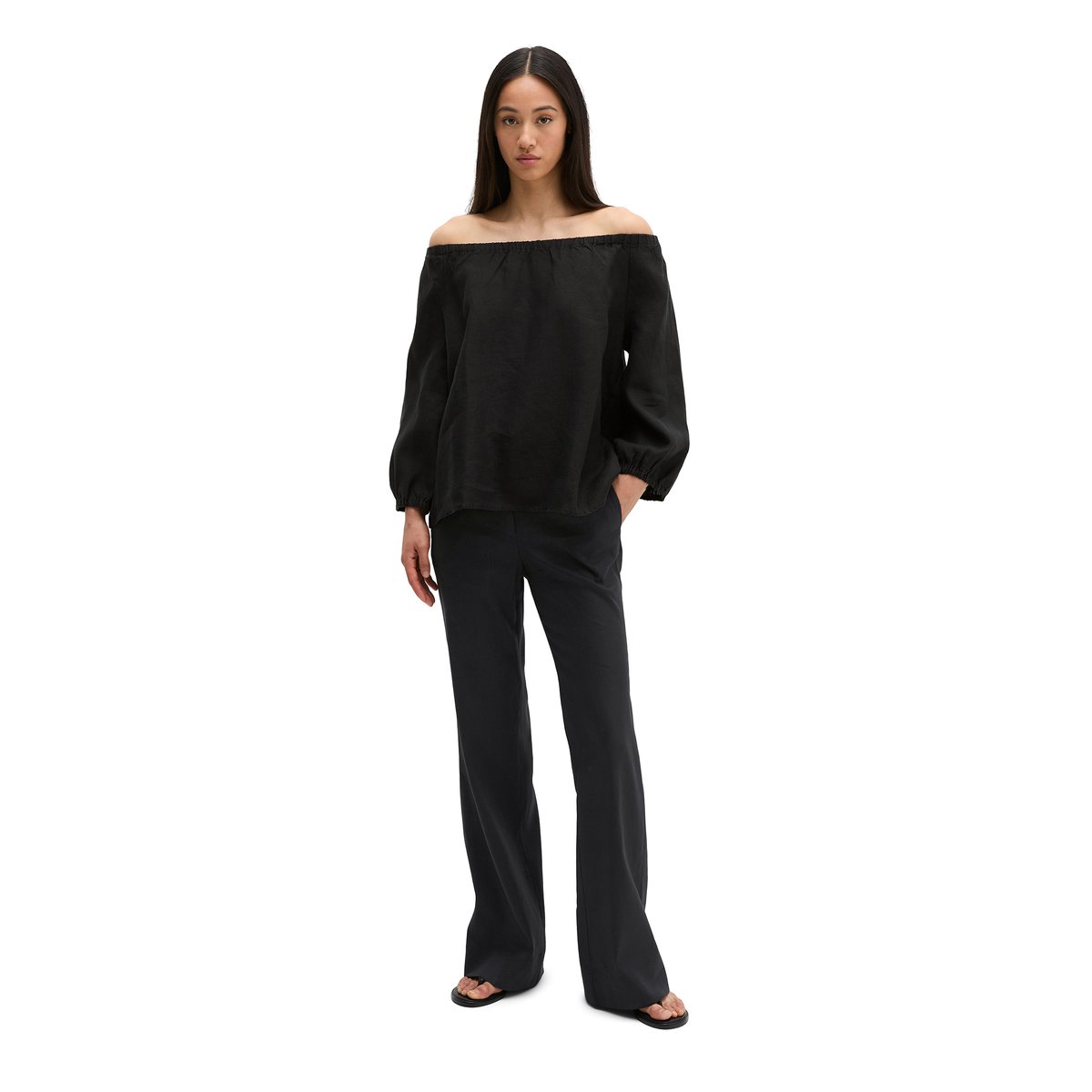 Blouse à col en lin regular avec encolure élastique noir, MARC O'POLO