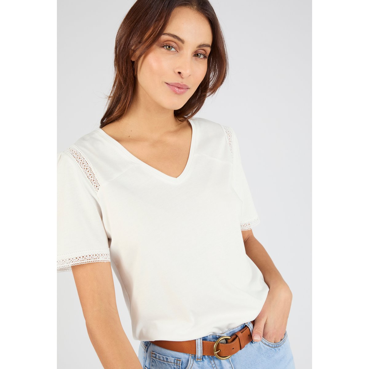 T-shirt détails dentelle blanc cassé, DAMART