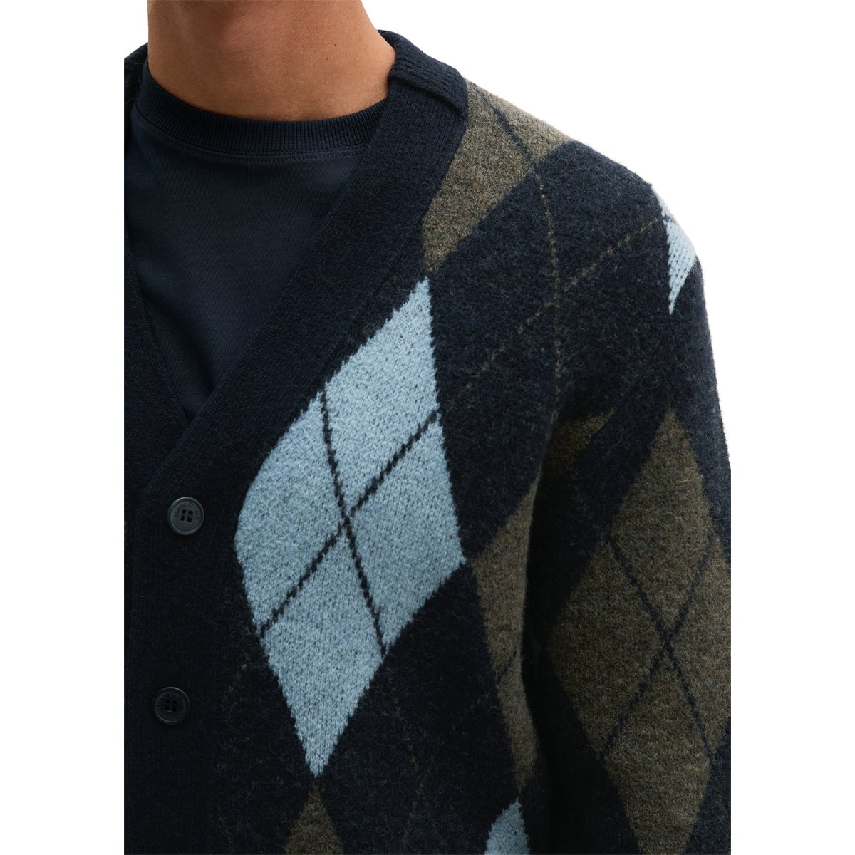 Cardigan à motif argyle en mélange de laine moelleux bleu, MARC O'POLO