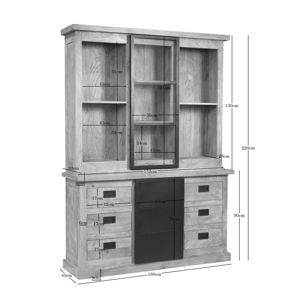 Vaisselier industriel moderne à portes coulissantes 160 cm CEYLAN bois naturel, PIER IMPORT