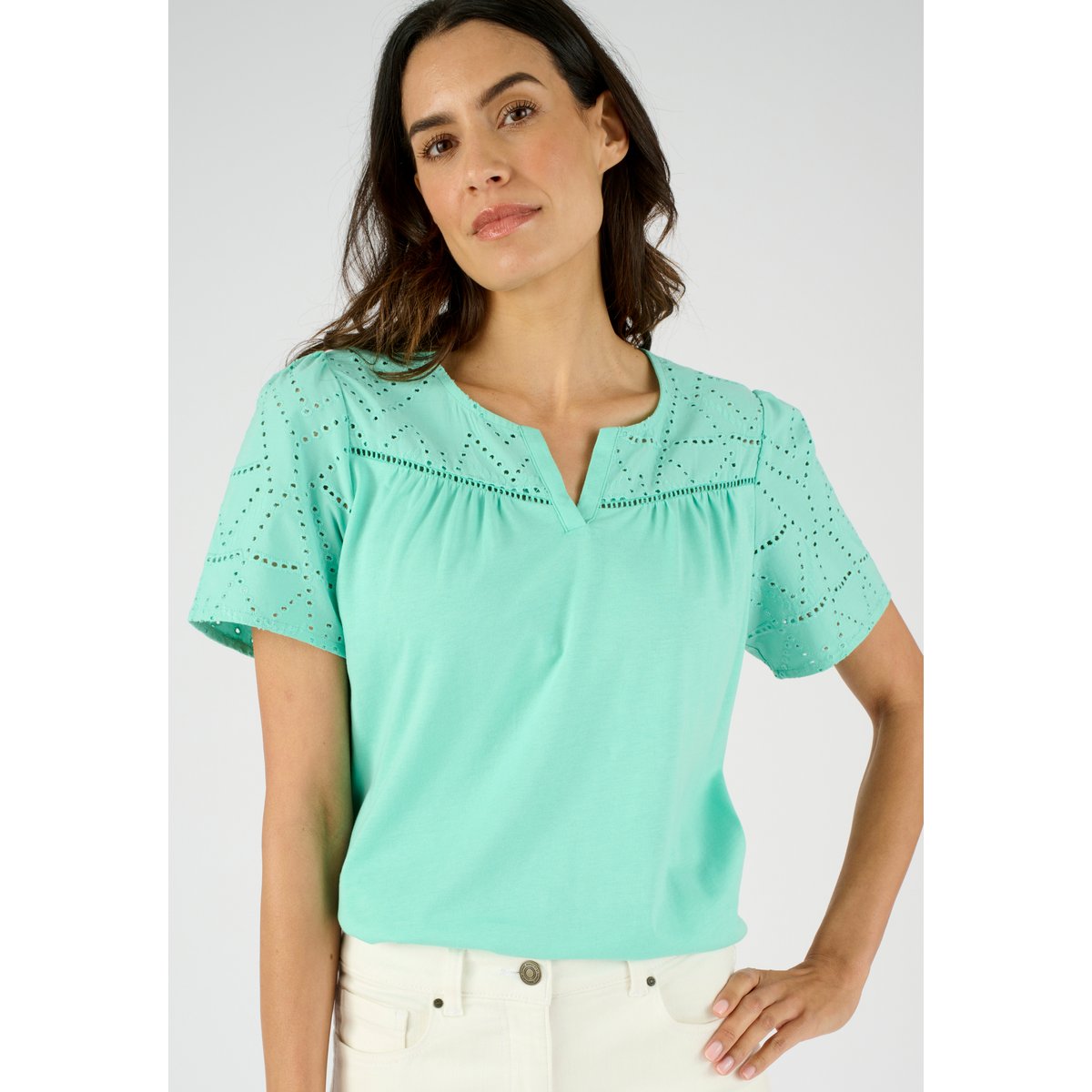 T-shirt broderie anglaise pur coton bleu vert d'eau, DAMART