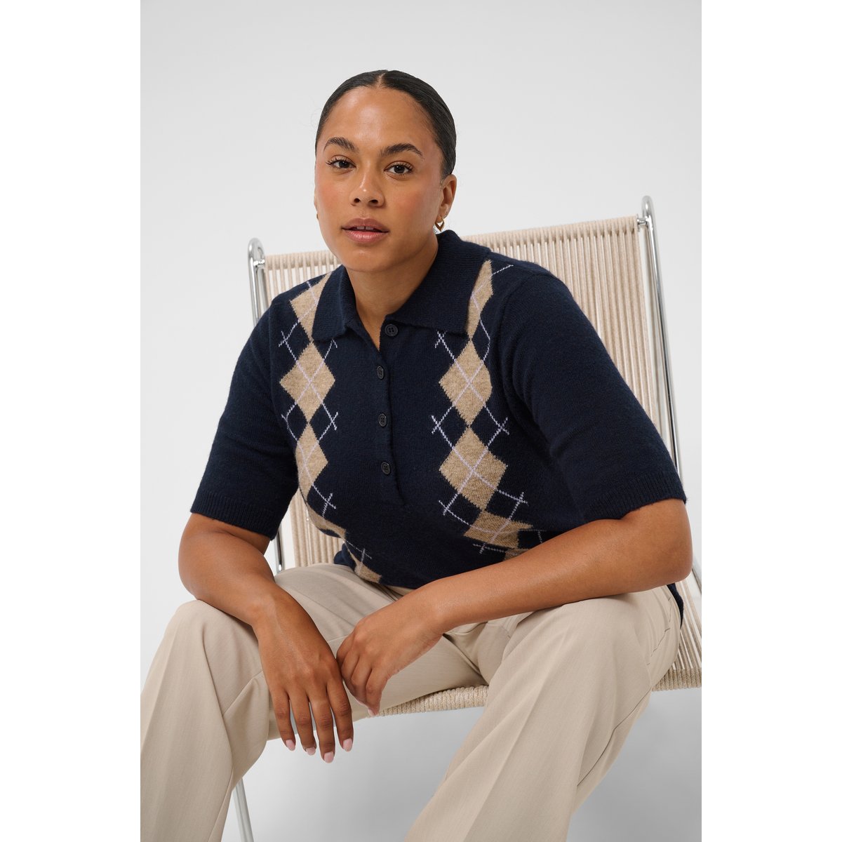 Pullover tricoté bleu midnight/beige argyle, KAFFE CURVE