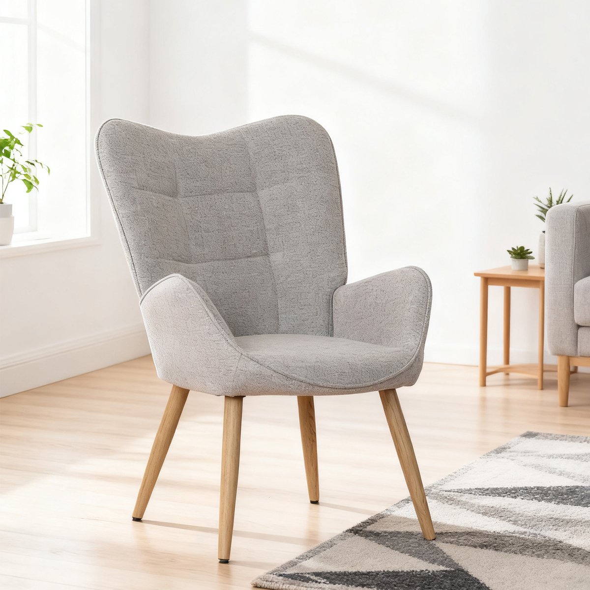 Fauteuil confortable bas style scandinave dossier moyen assise confortable pieds métal effet bois, KANAS gris clair, MEUBLES COSY