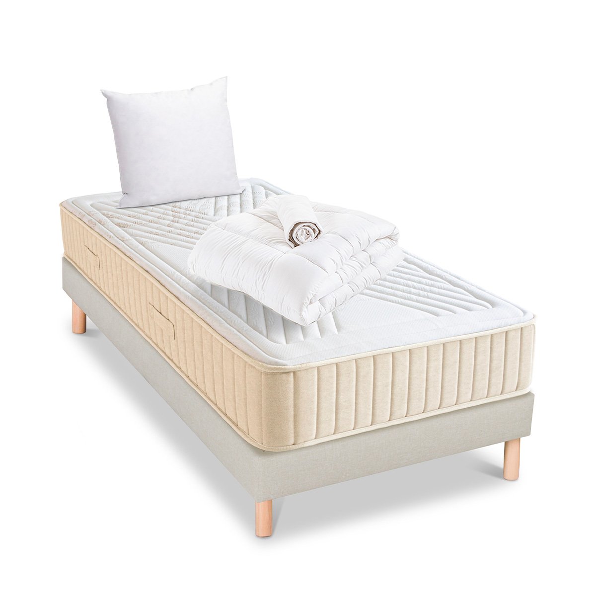 Pack Symphonie 2.0 90x190 cm Matelas Mousse + Sommier Bois + Accessoires beige, BELLECOUR