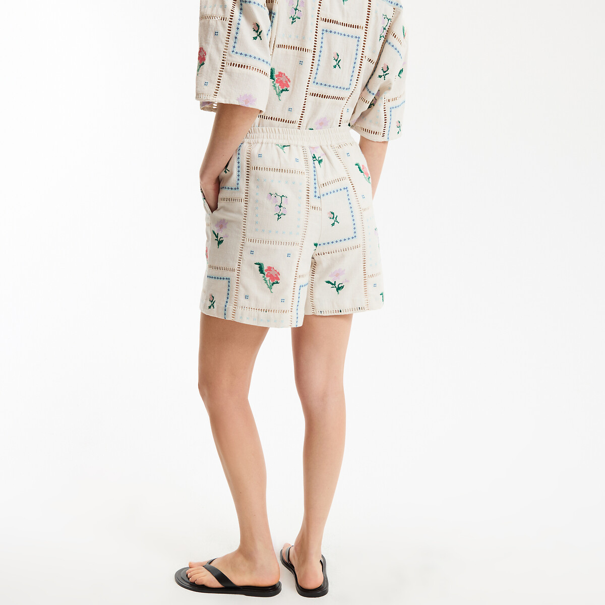 Short brodé floral à taille élastiquée beige naturel, LA REDOUTE COLLECTIONS