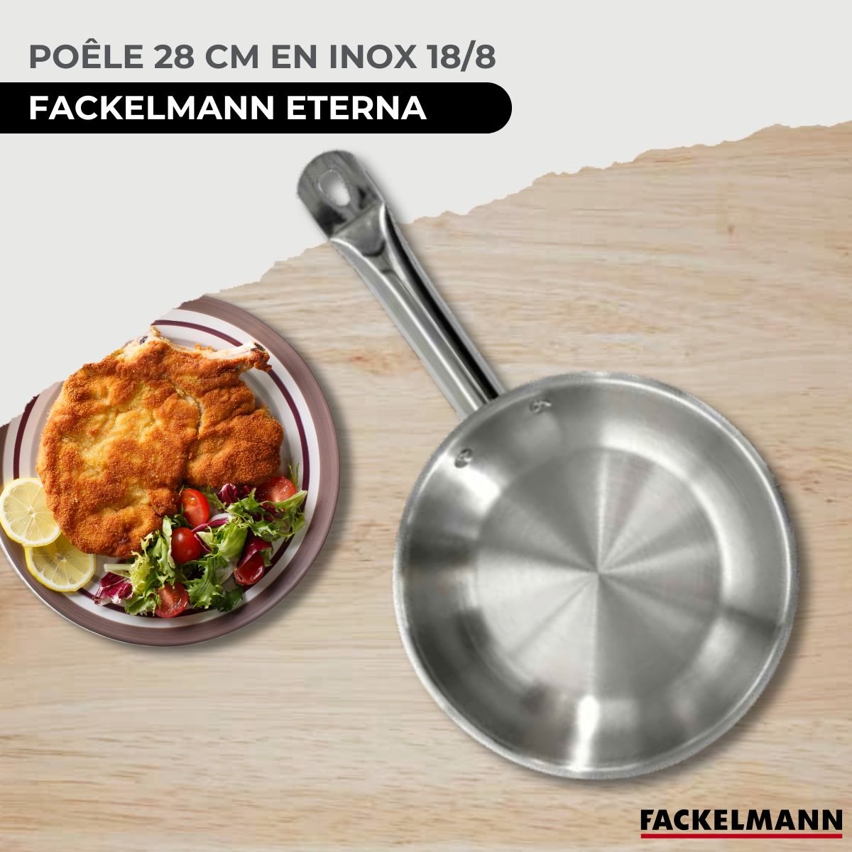 Set de 1 poêle 28 cm en inox et 6 ustensiles ETERNA inox|noir, FACKELMANN