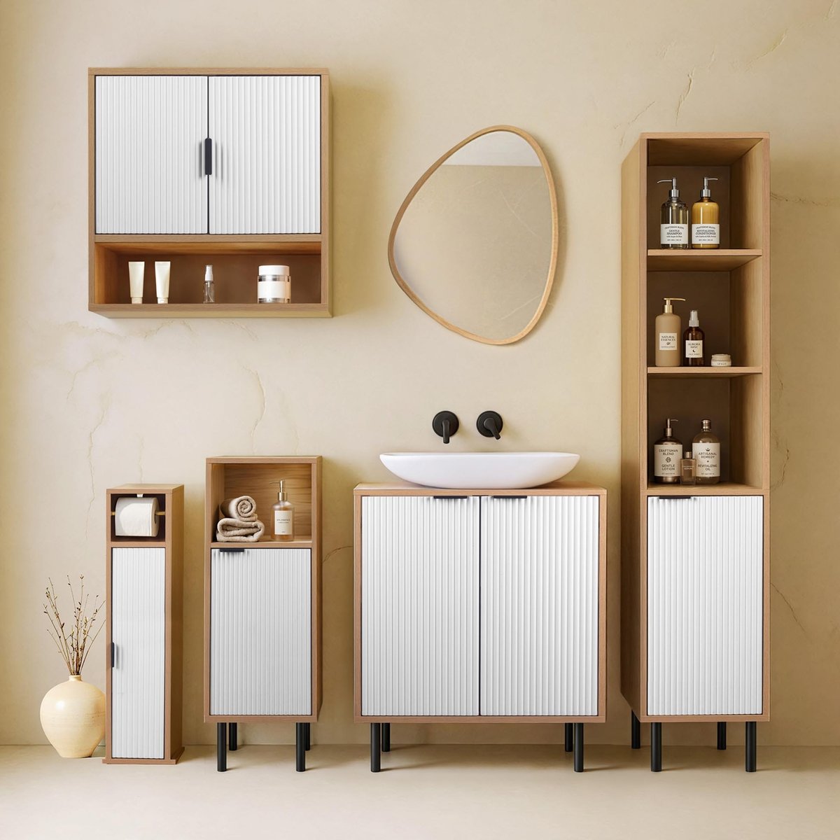 Meuble bas de salle de bain avec rangement à rainures naturel, DOUCEUR D'INTÉRIEUR