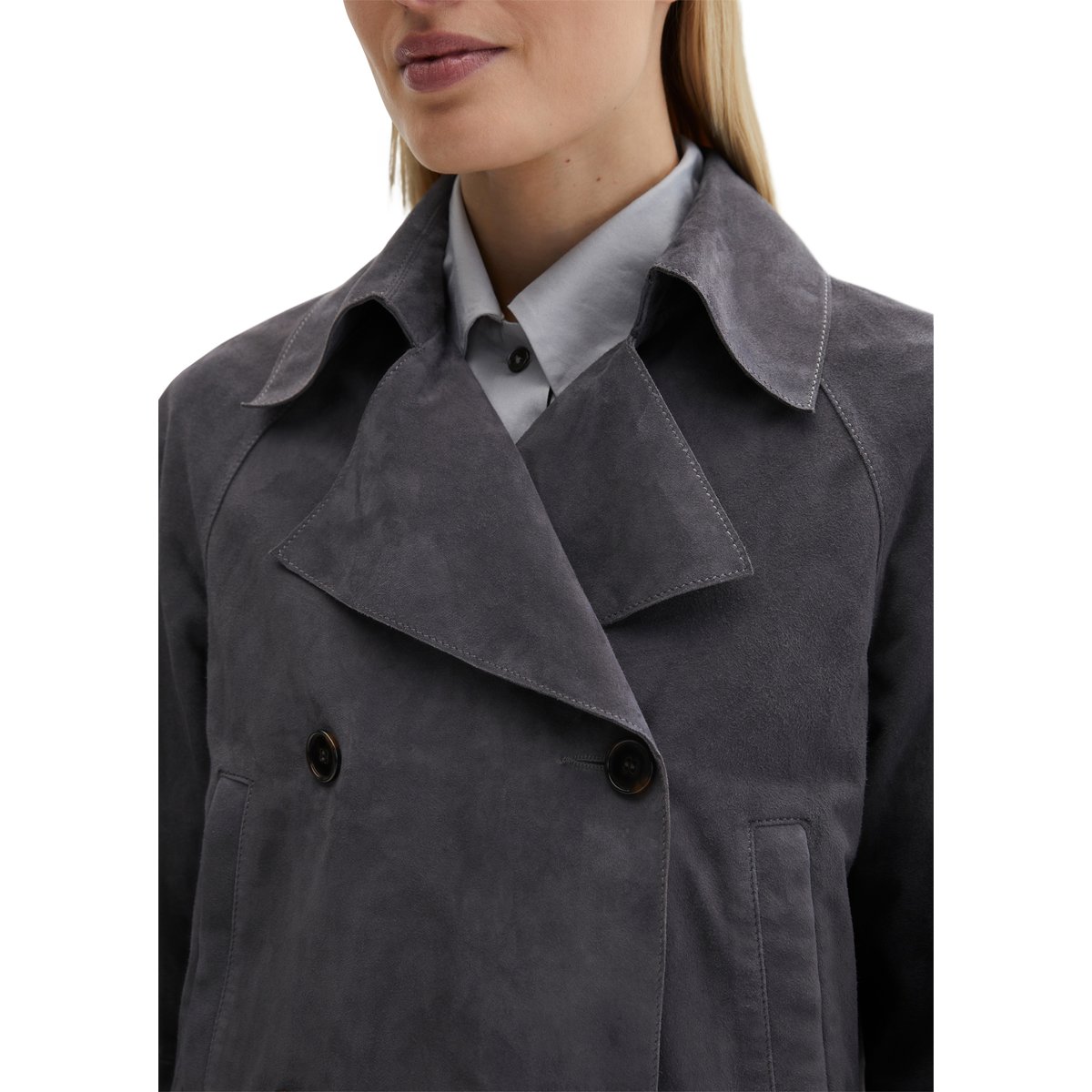 Veste en cuir velours style trench relaxed en cuir de chèvre souple gris foncé, MARC O'POLO
