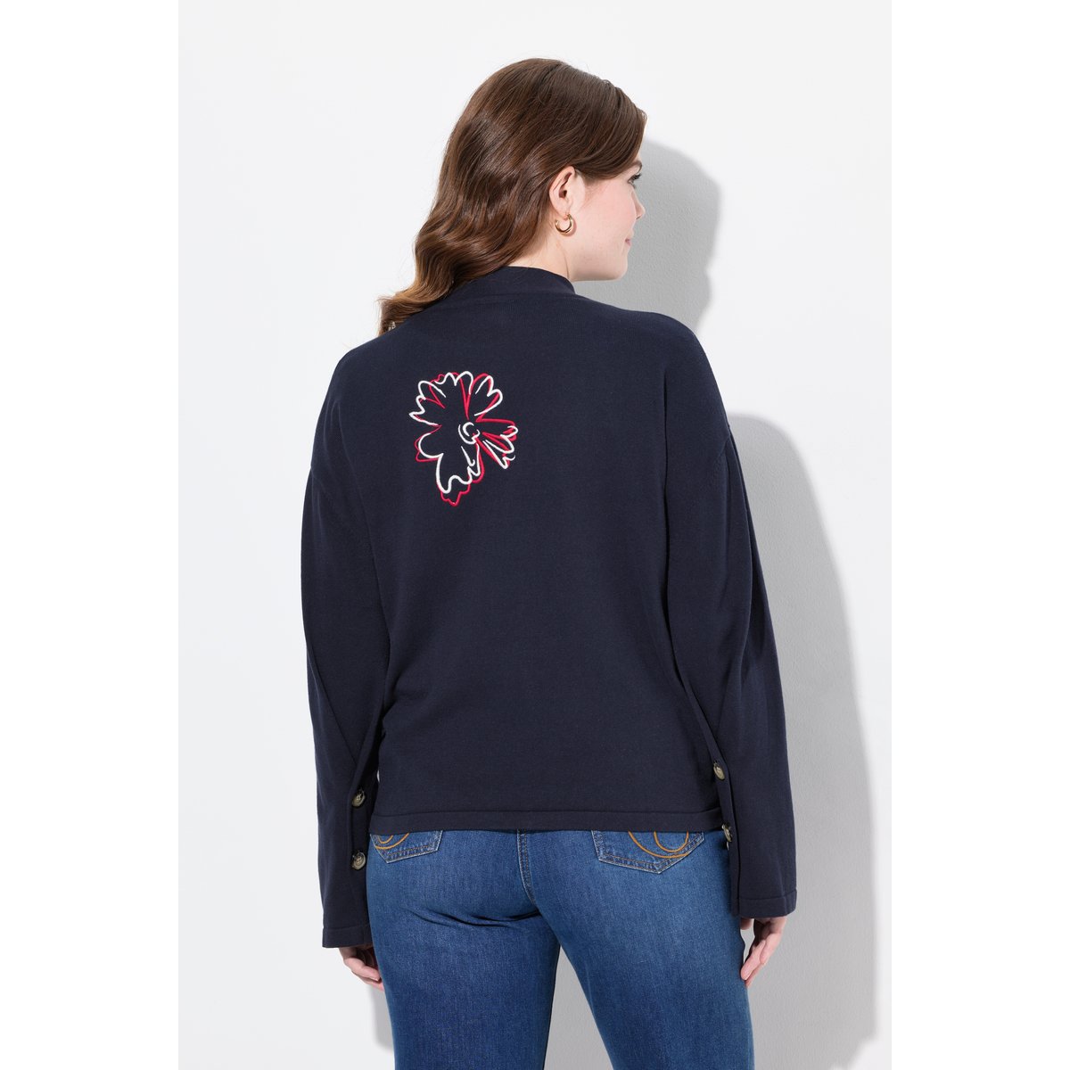 Gilet En Maille, Broderie, Encolure V marine, ULLA POPKEN