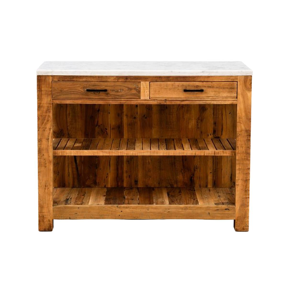 Ilot de cuisine en bois recyclé et marbre JEFFREY bois clair, MADE IN MEUBLES