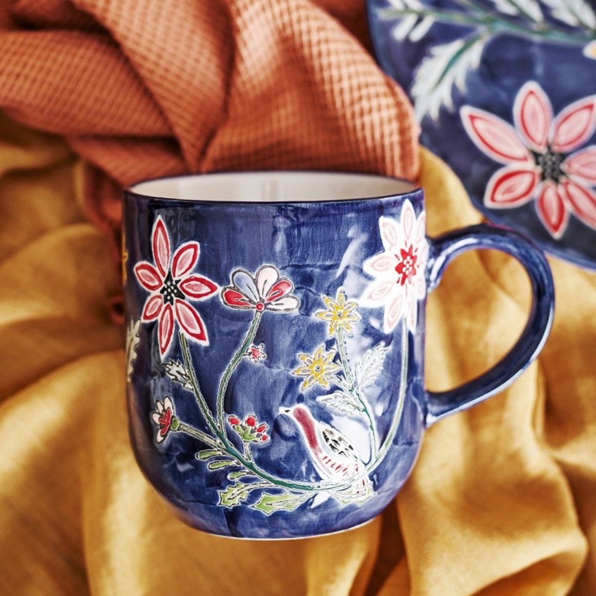 Mugs grès floral oiseau Meredith set de 4 multicolore, BLOOMINGVILLE