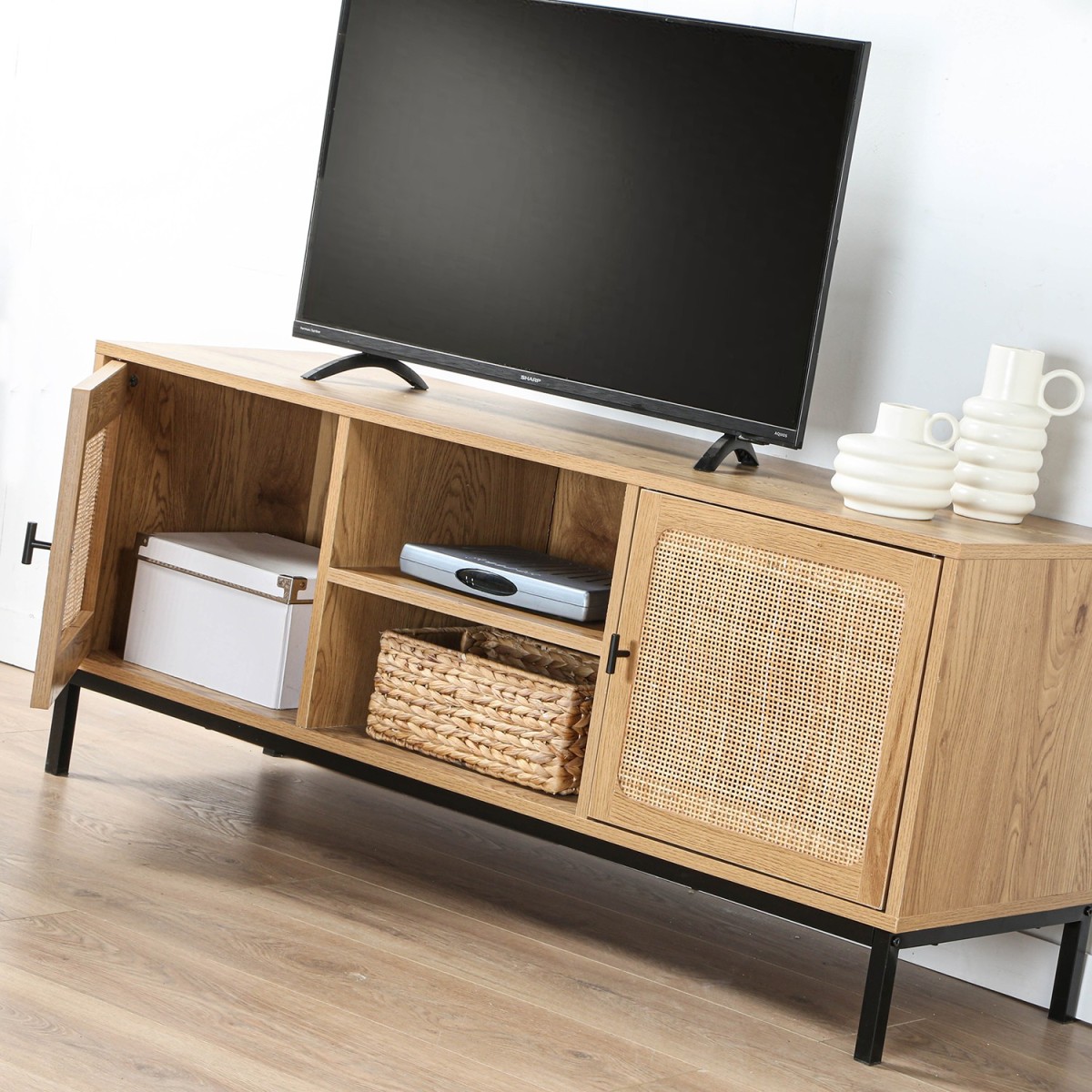 Meuble TV 2 Portes avec Cannage Rotin et 2 Niches L120cm - JAYA bois clair, CALICOSY