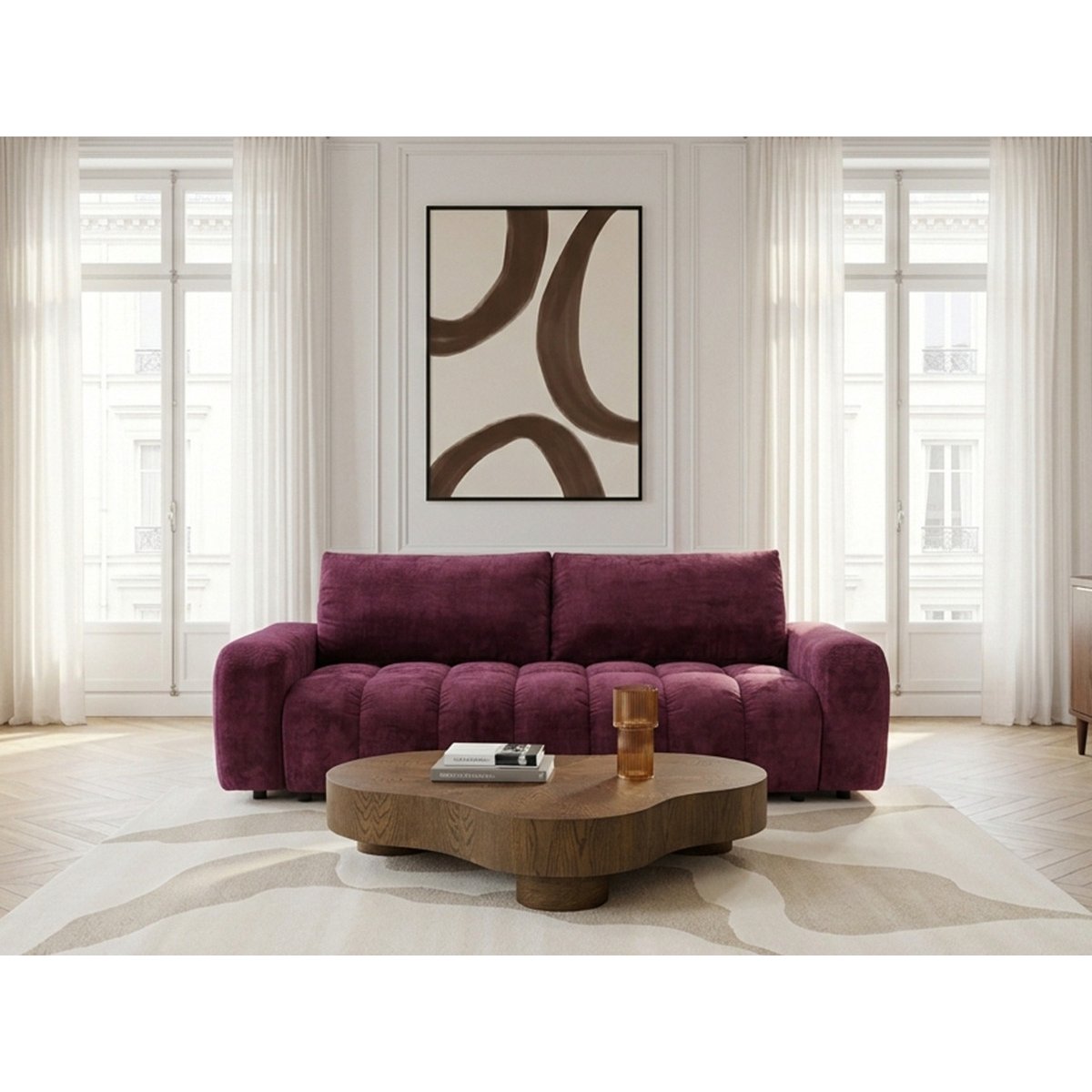 Canapé droit convertible 3 places en tissu lisse, JULES rouge, BOBOCHIC
