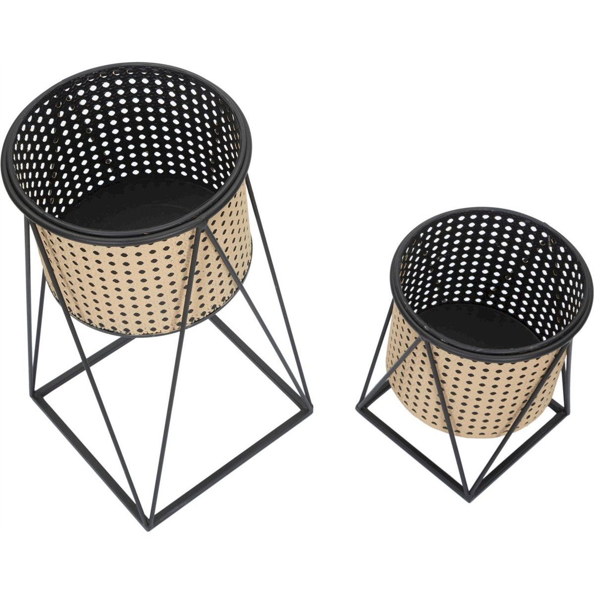 Cache-pots en fer effet cannage lot de 2 BOHO CHIC crème et noir, RECOLLECTION