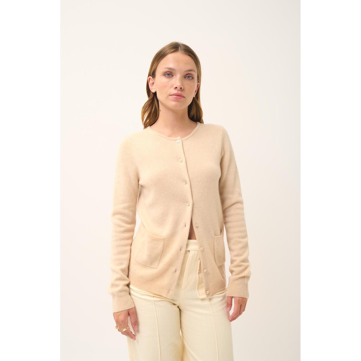 Cardigan Col Rond Sable Katharine beige, JUST CASHMERE