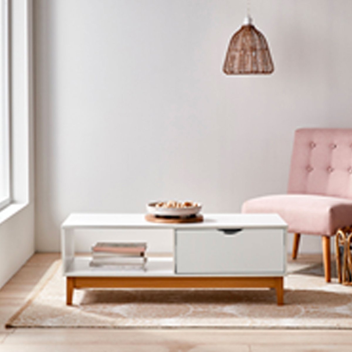 Table basse blanc et bois 110x50x40cm blanc, WADIGA