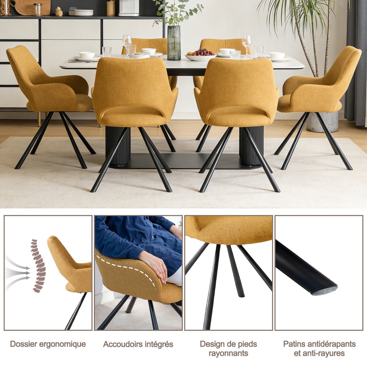 Lot de 4 chaises de salle à manger style scandinave, BETH kaki et jaune, MEUBLES COSY