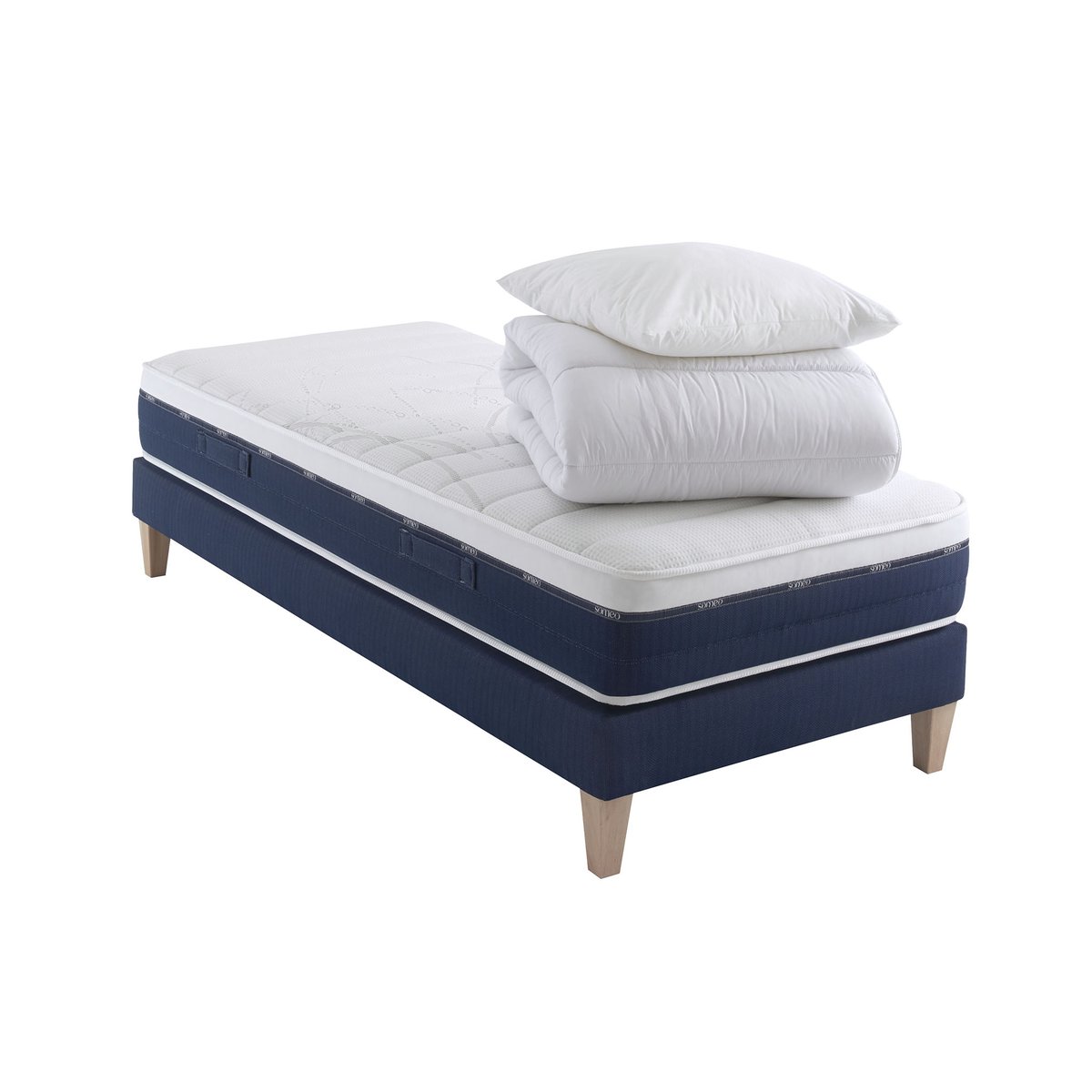 Ensemble matelas ressorts et mémoire de forme, sommier, pieds, couette et oreiller Rêve 600 blanc, SOMEO