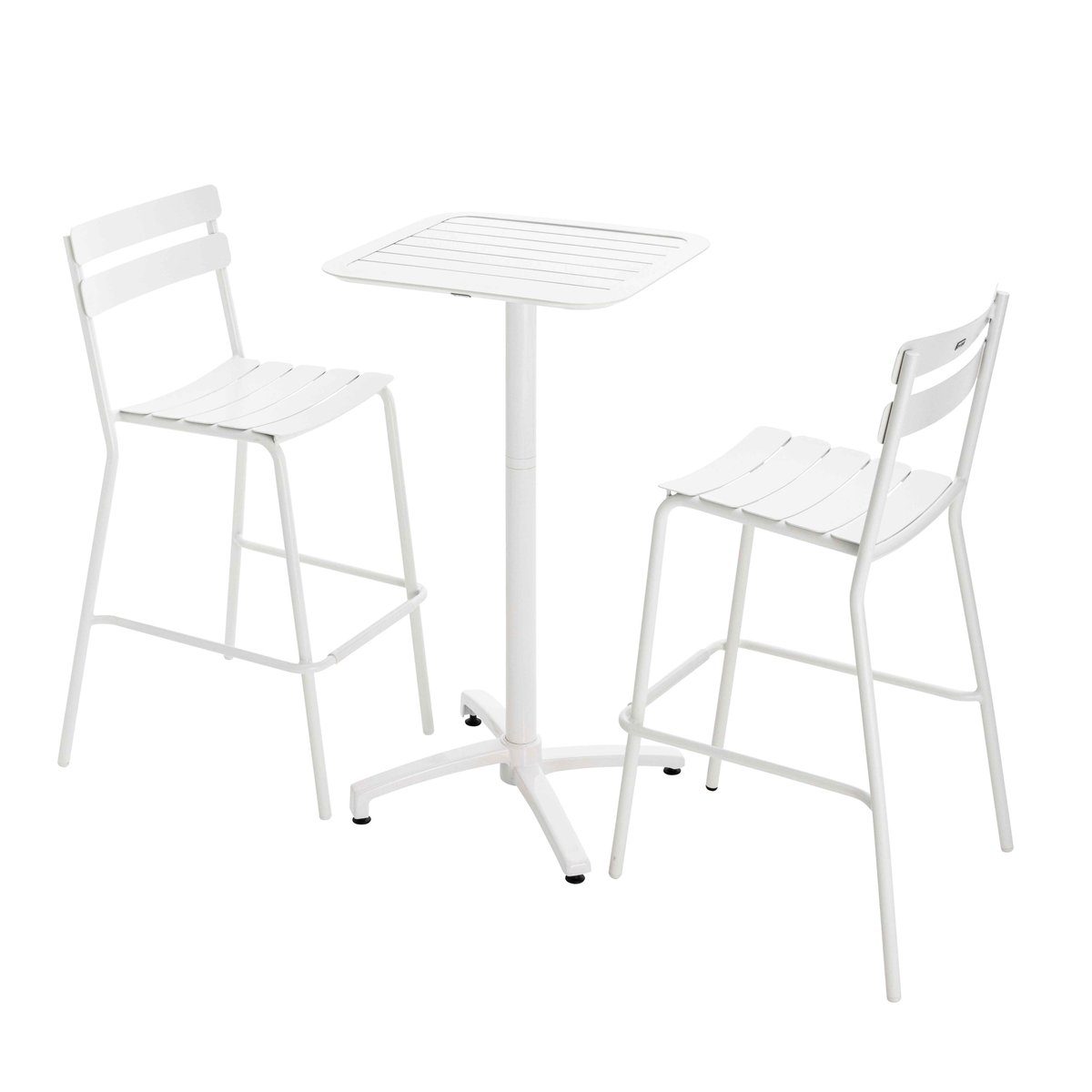 Table haute 60x60 cm inclinable en aluminium et 2 chaises hautes, ALMADA blanc, OVIALA