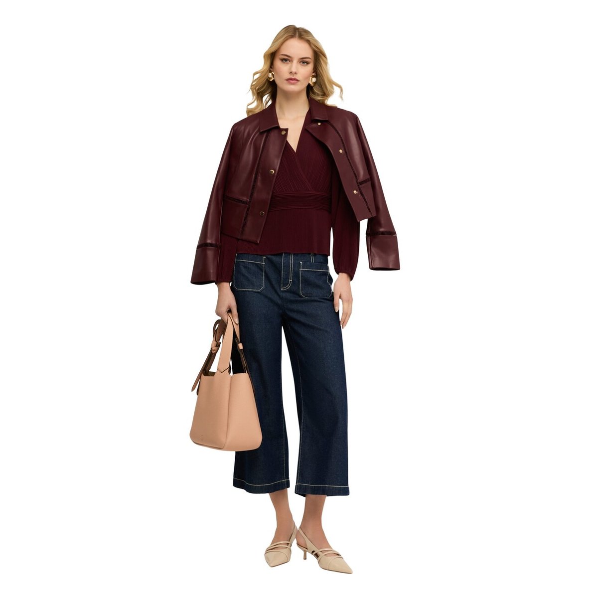 Jean cropped large avec coutures contrastées bleu, MOTIVI