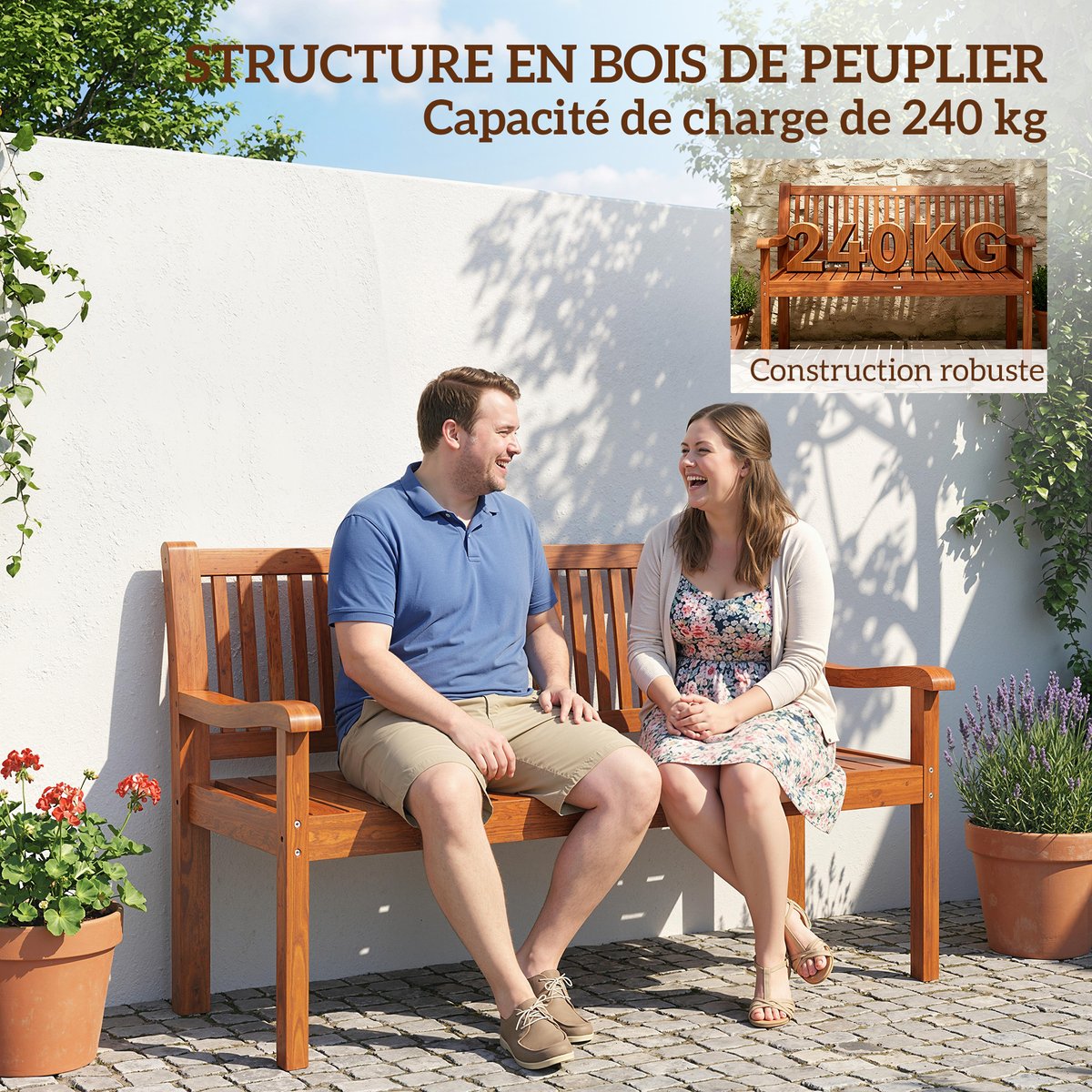 Banc de jardin Bois de peuplier Bois clair marron clair, OUTSUNNY
