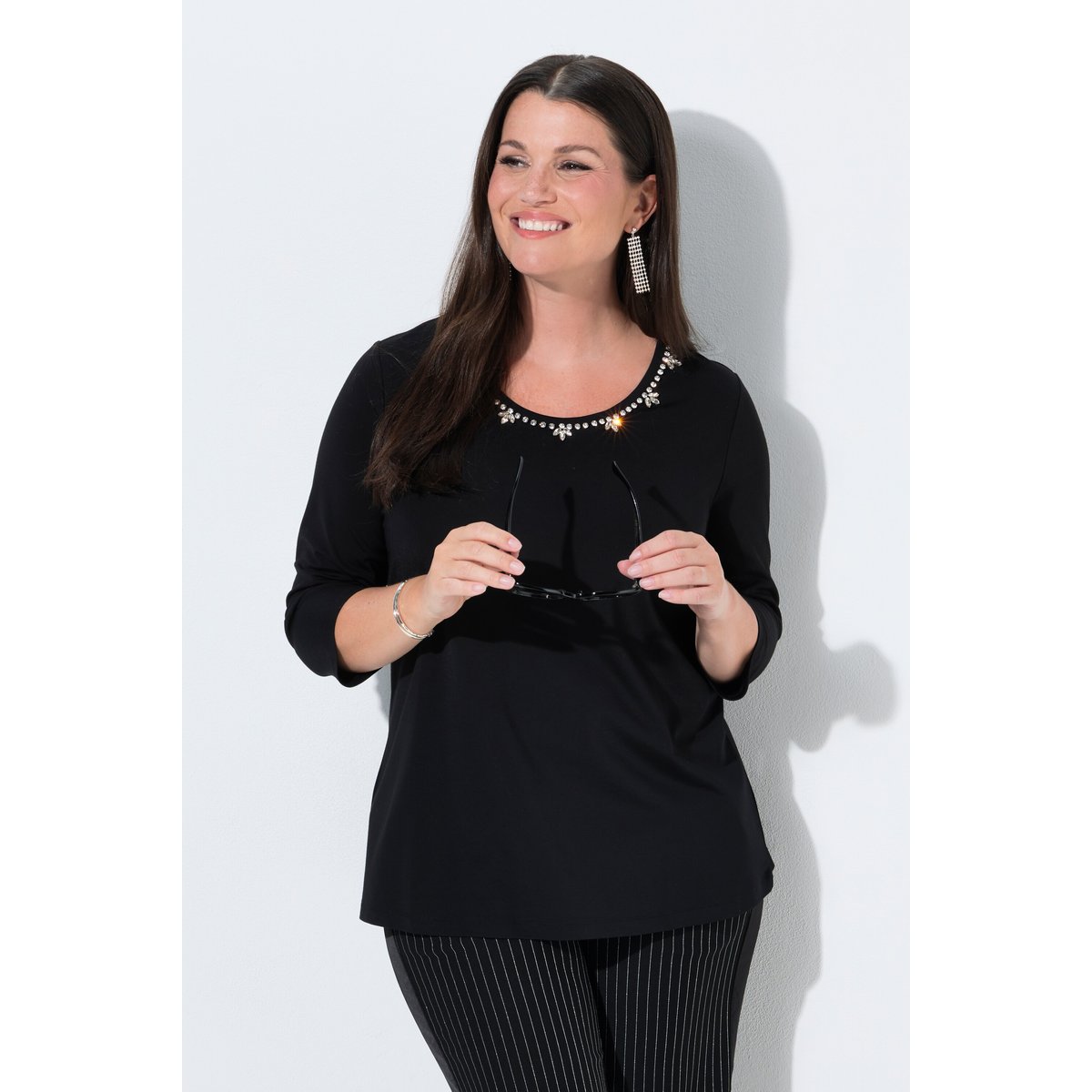 T-shirt point de Rome, avec strass fantaisie noir, ULLA POPKEN