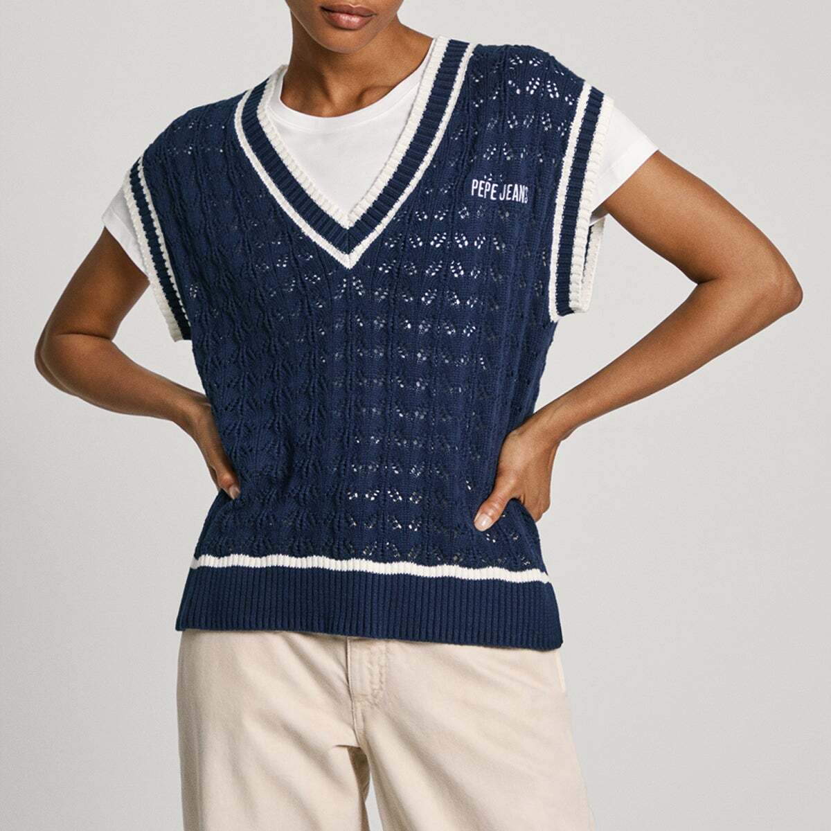 Gilet Col V En Maille Ajourée bleu marin, PEPE JEANS