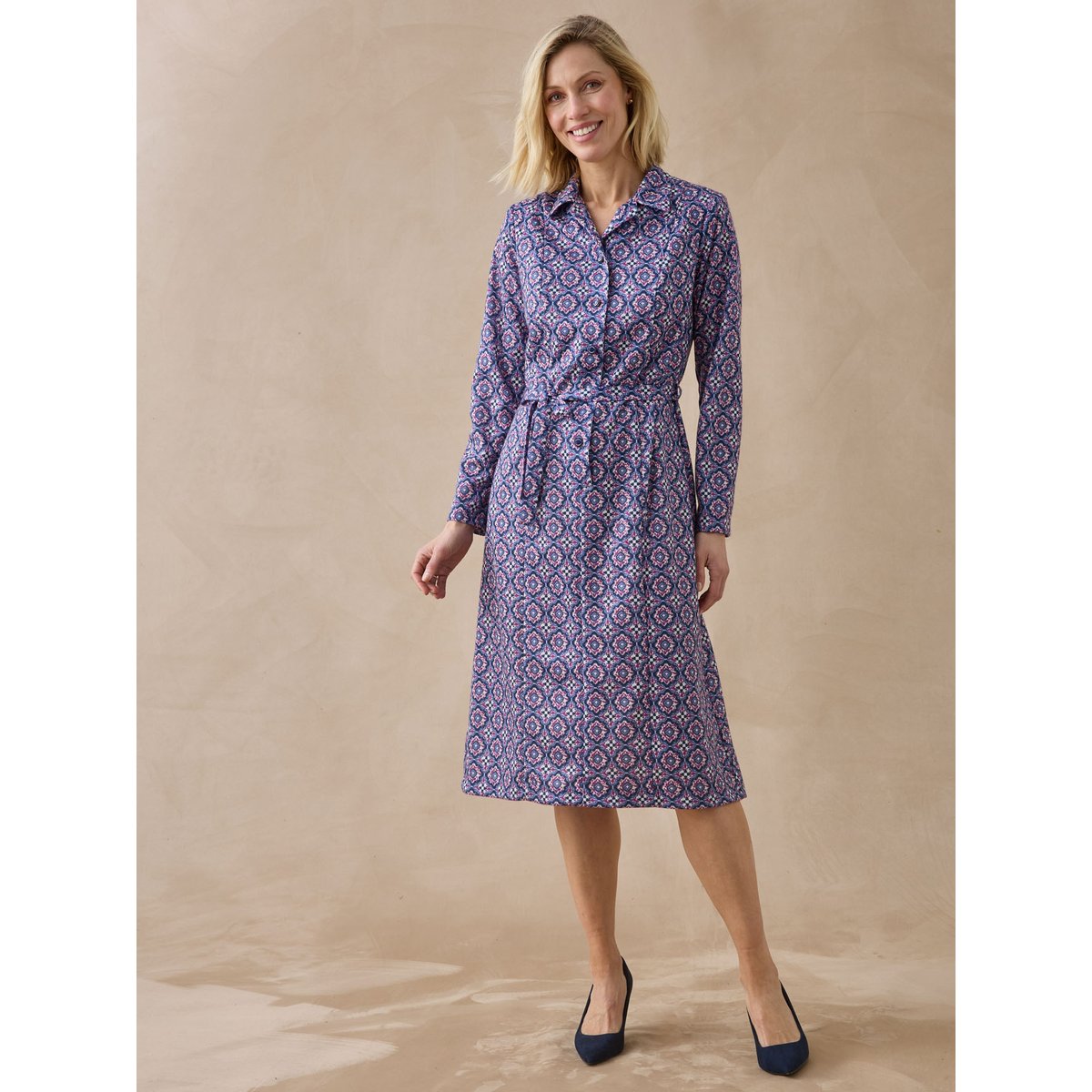 Robe classique col tailleur imprimé bleu/rose, DAXON