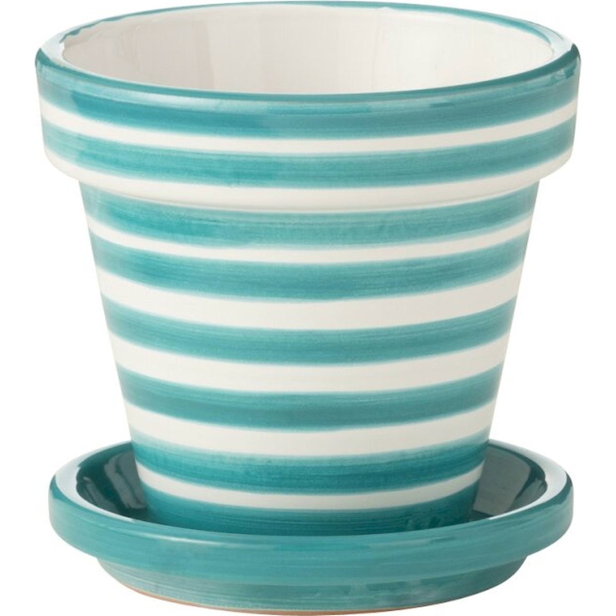 Cache-pot rayé en poterie peinte main aqua et blanc, RECOLLECTION