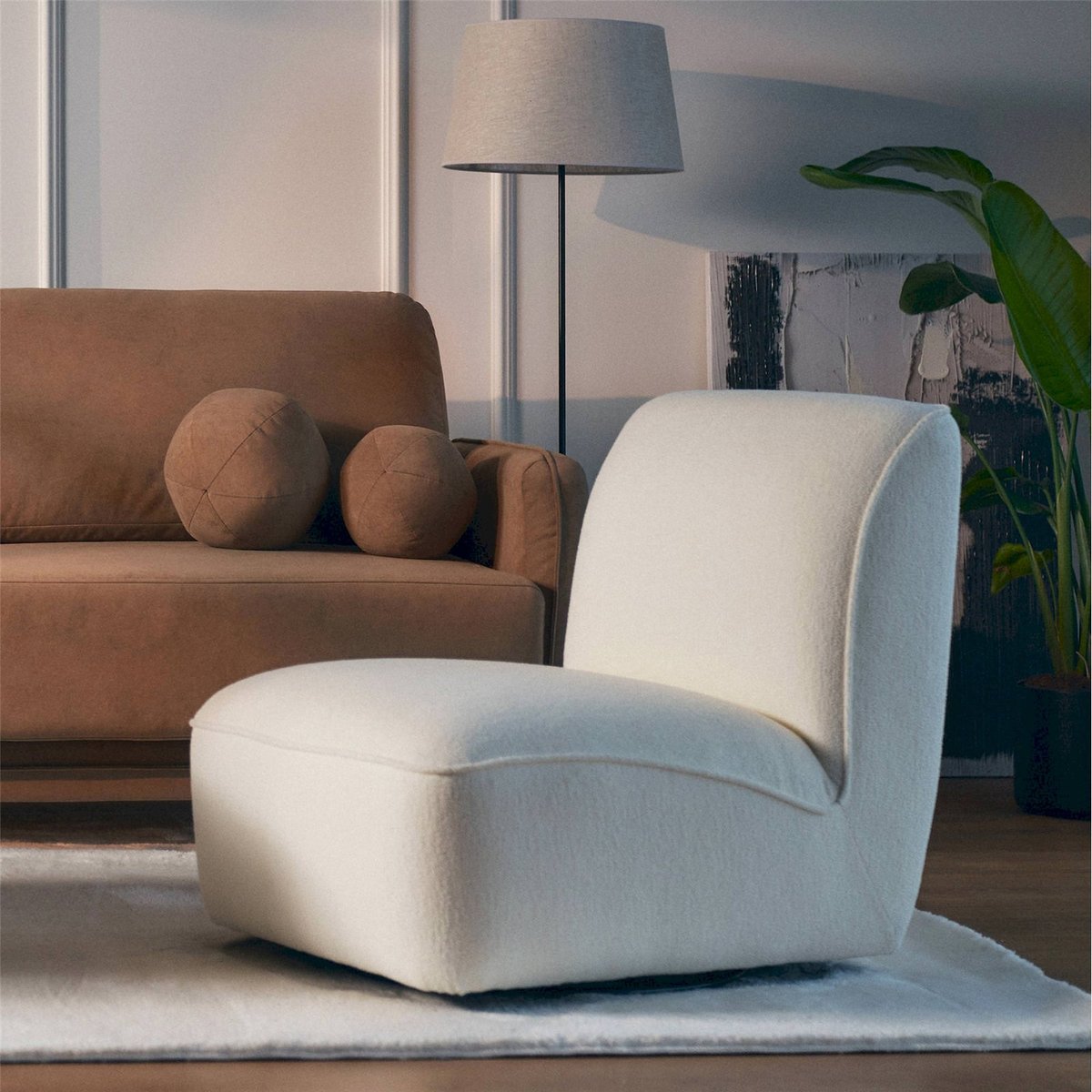Fauteuil lounge tissu chenille collection MITERTE crème, RECOLLECTION