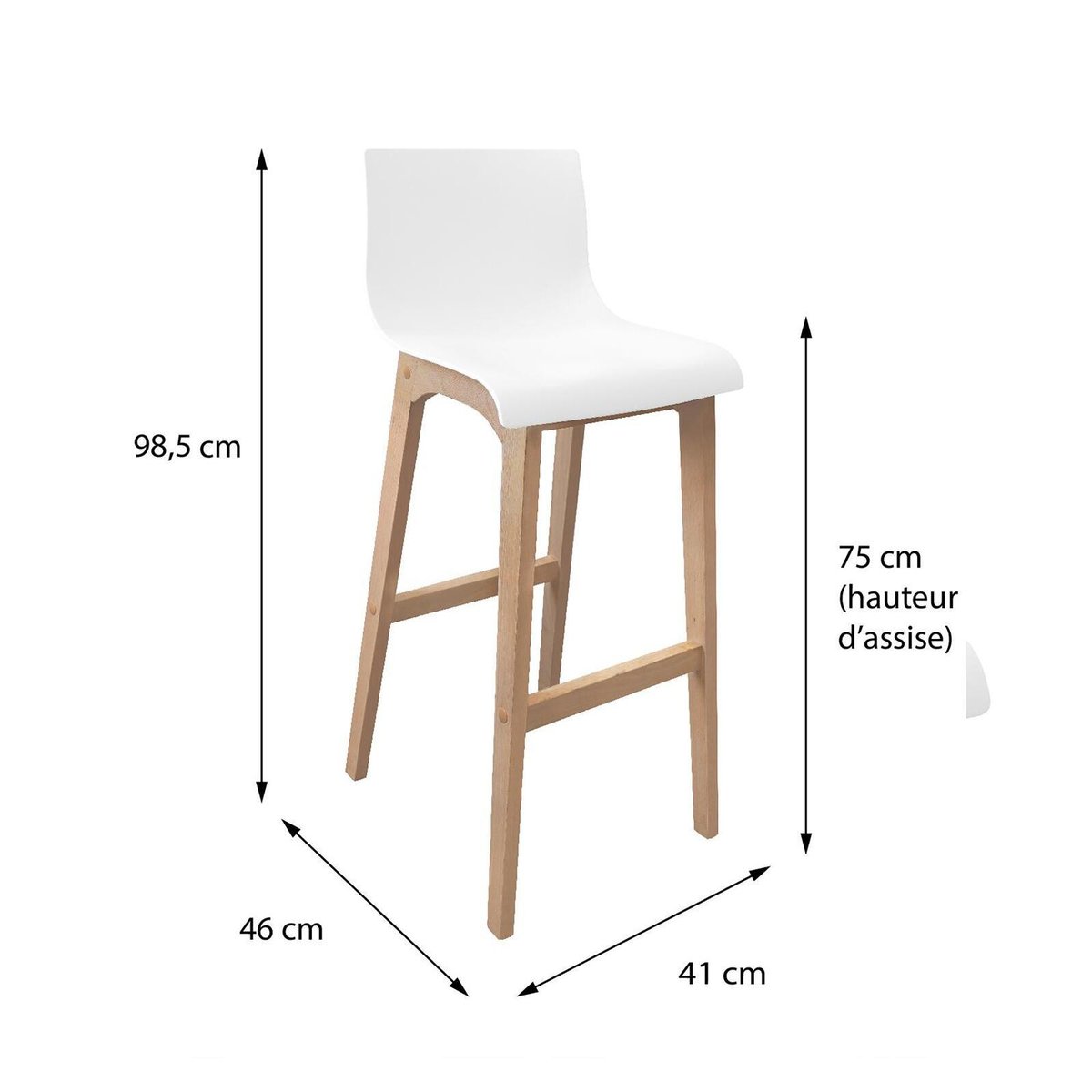 Lot de tabourets de bar en chêne et assise plastique blanche 75cm TANNA|Lot de 6 | Lot de 6 blanc, MOB IN