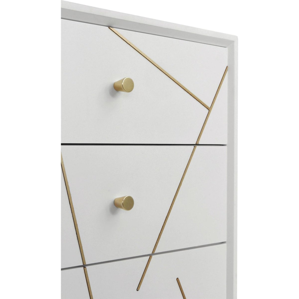 Chiffonnier laqué à détails dorés, 5 Tiroirs blanc mat avec détails dorés, RECOLLECTION