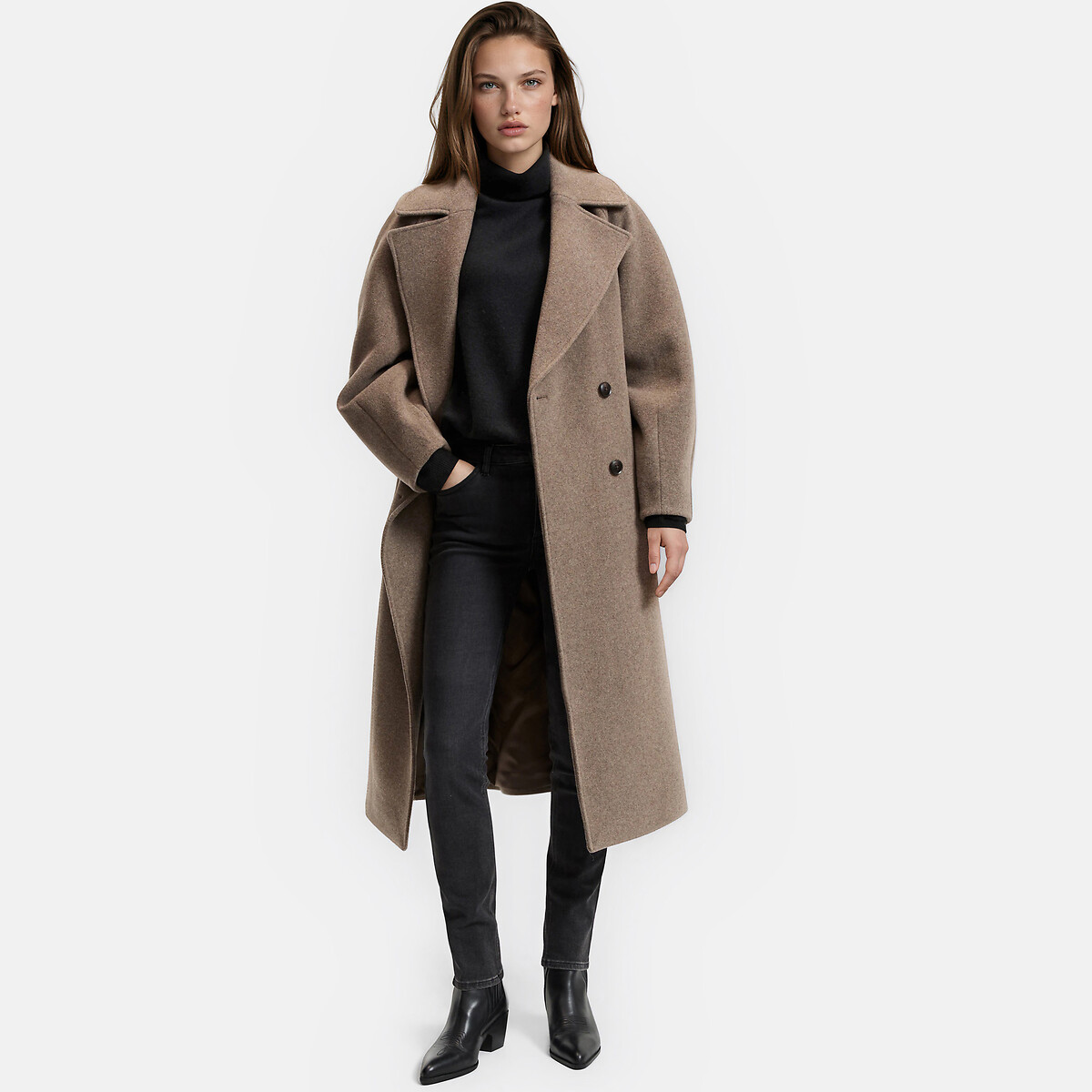 Wool Blend Long Coat with Asymmetric Fastening taupe brown, LA REDOUTE COLLECTIONS
