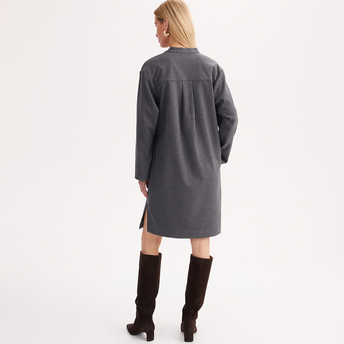 Robe droite, en flanelle, manches longues anthracite, ANNE WEYBURN