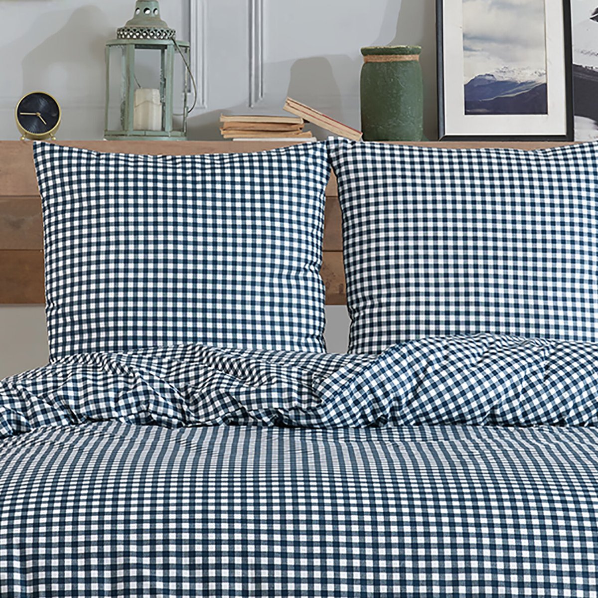 Parure Housse de couette 3 pcs 240x220 cm 100% coton 57 fils imprimé."Vichy marine" bleu, C DESIGN HOME TEXTILE