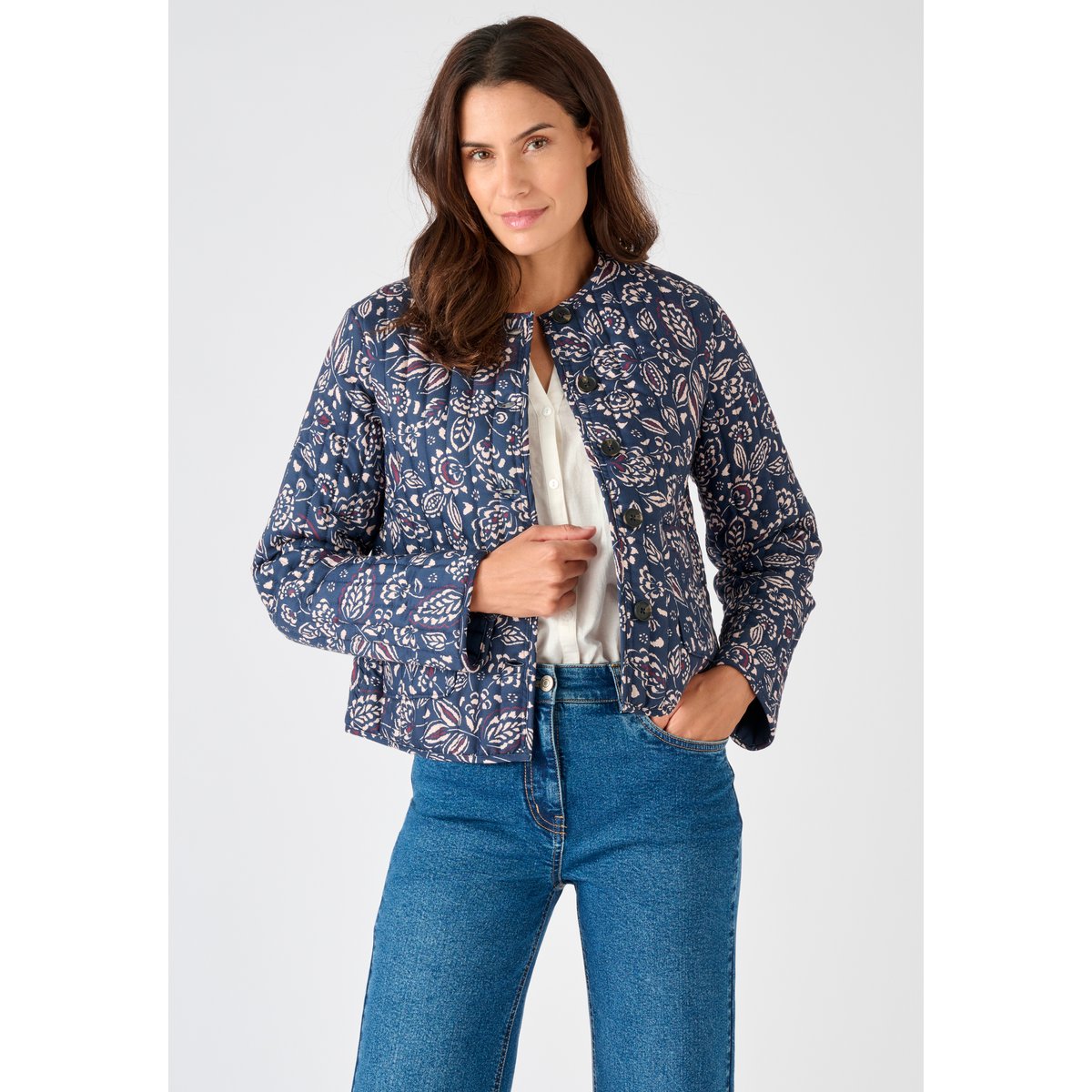 Veste matelassée imprimée bleu marine grandes fleurs, DAMART