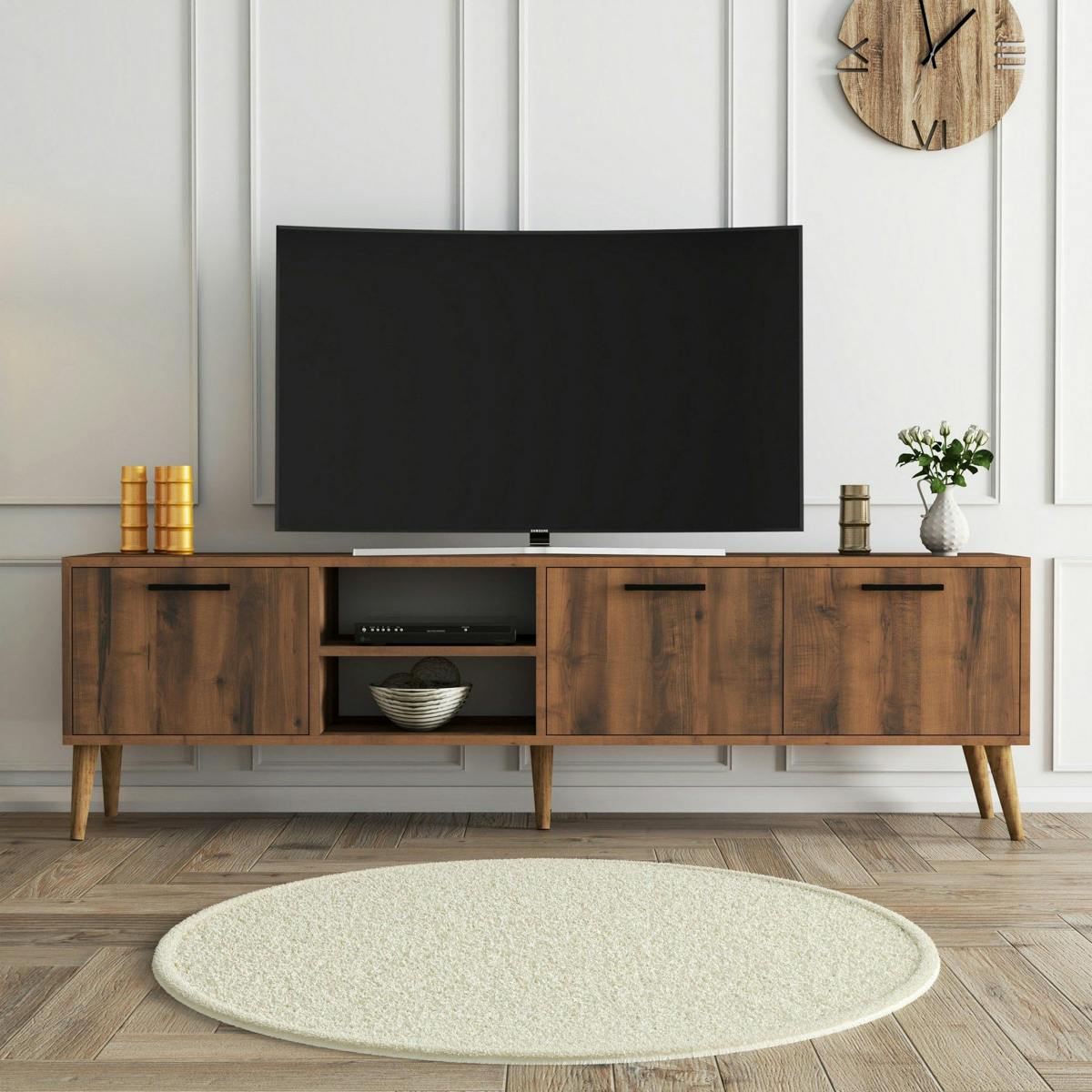 Meuble TV vintage 3 portes abattantes 2 niches UMEA marron, PIER IMPORT