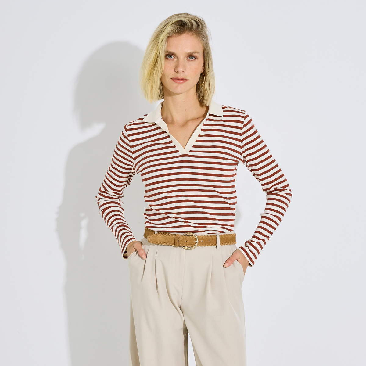 T-shirt col polo rayé orange bordeaux, GRAIN DE MALICE