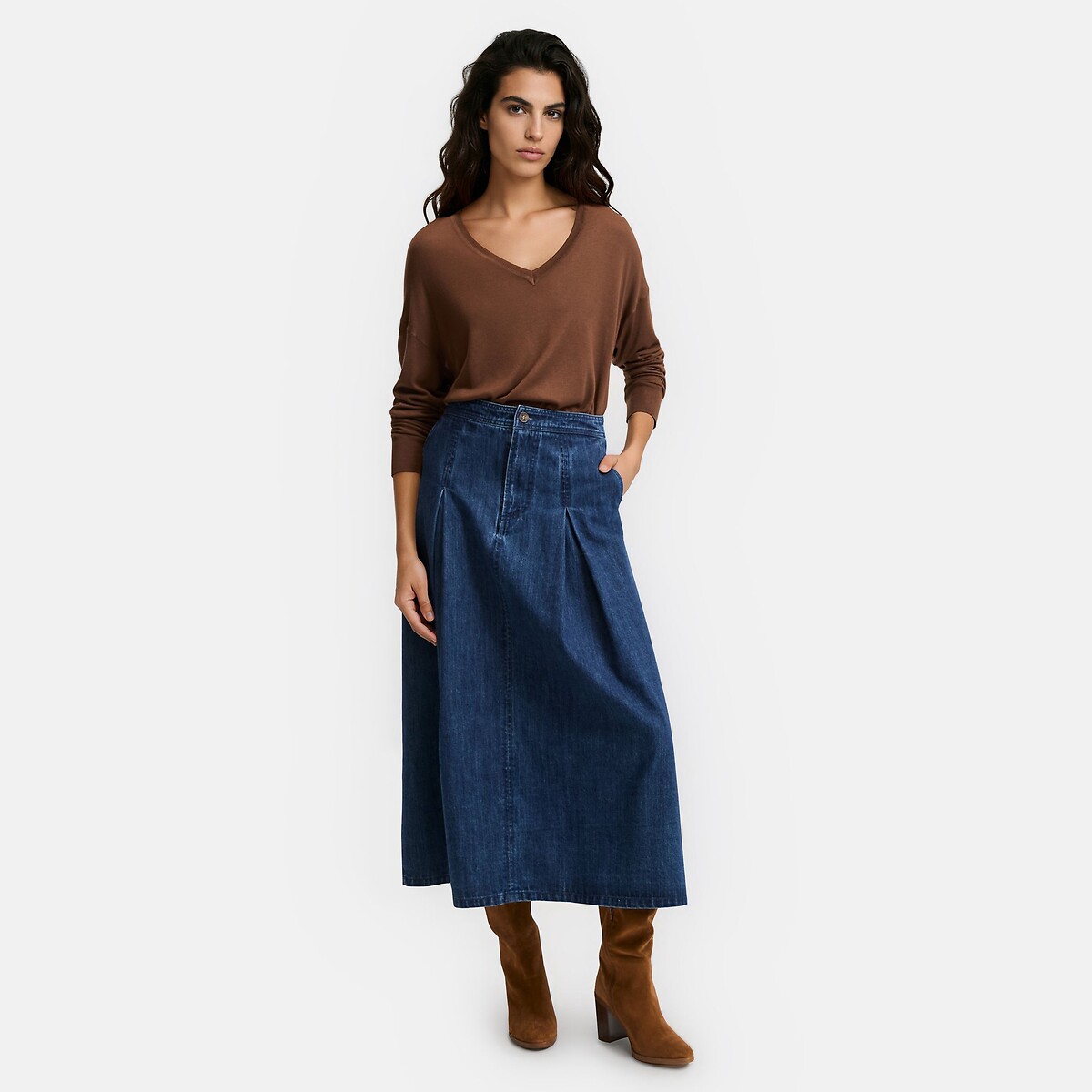 Jersey de cuello de pico, de punto fino marrón, LA REDOUTE COLLECTIONS
