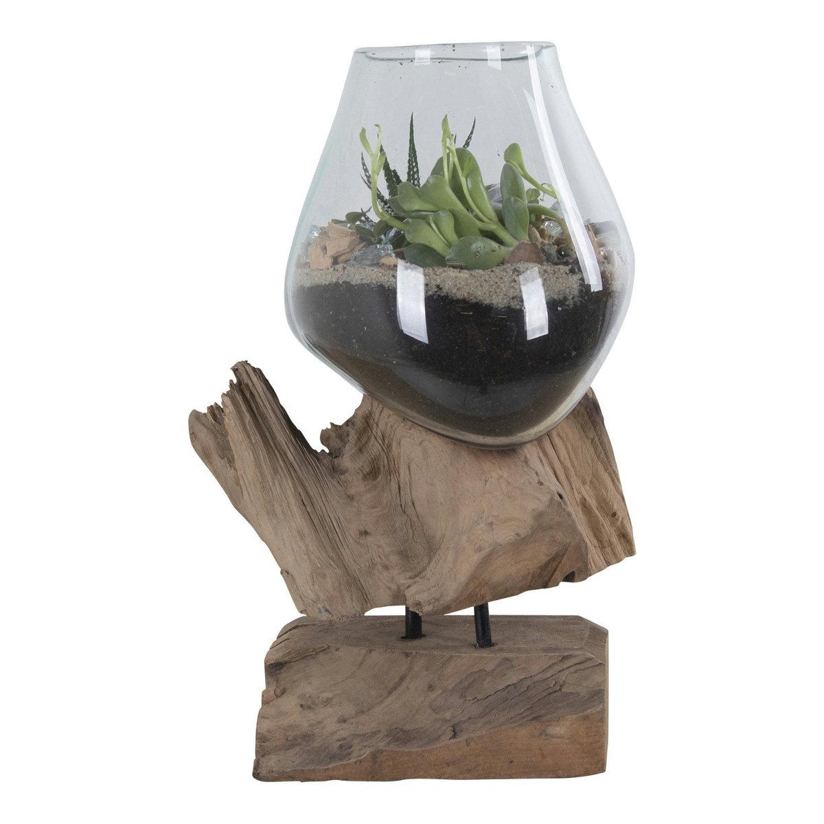 Vase verre soufflé et racine teck, artisanal H 25 cm ARIZONA bois naturel, PIER IMPORT