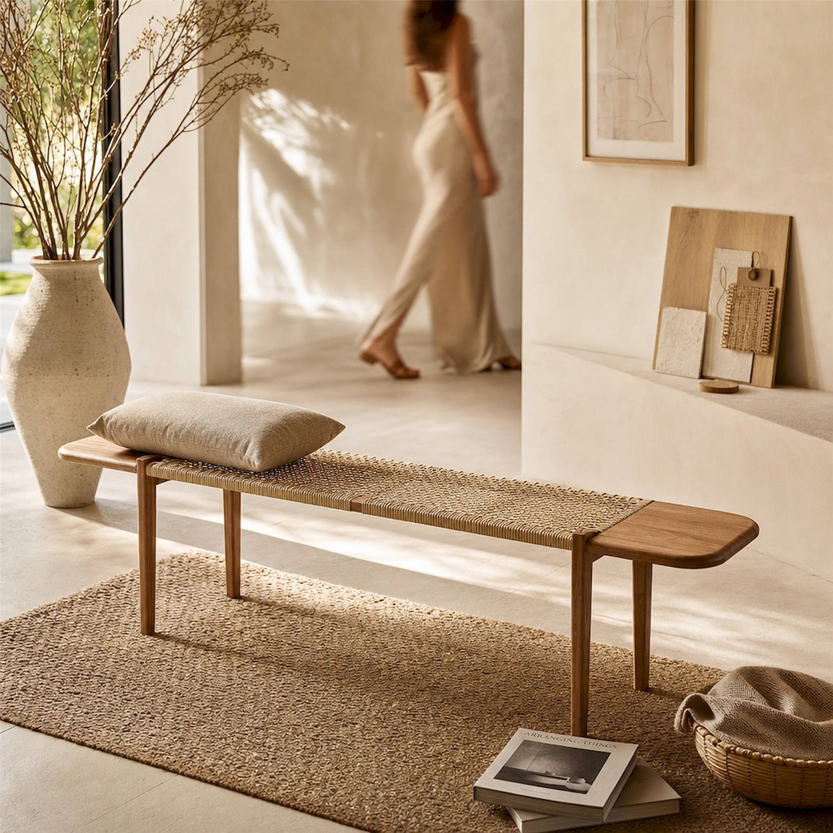 Banc bohème en bois de teck marron et naturel, RECOLLECTION